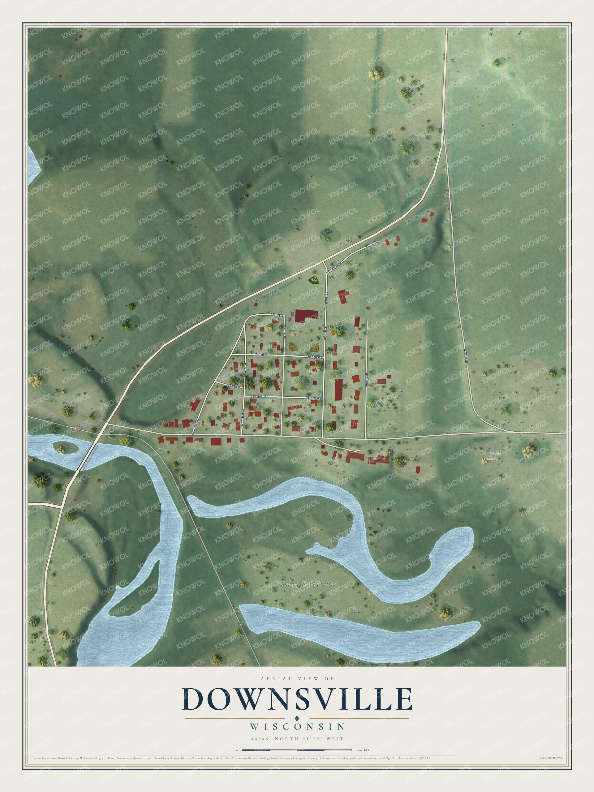 Full map of Downsville, Wisconsin, with red buildings, printed street names and the land around them