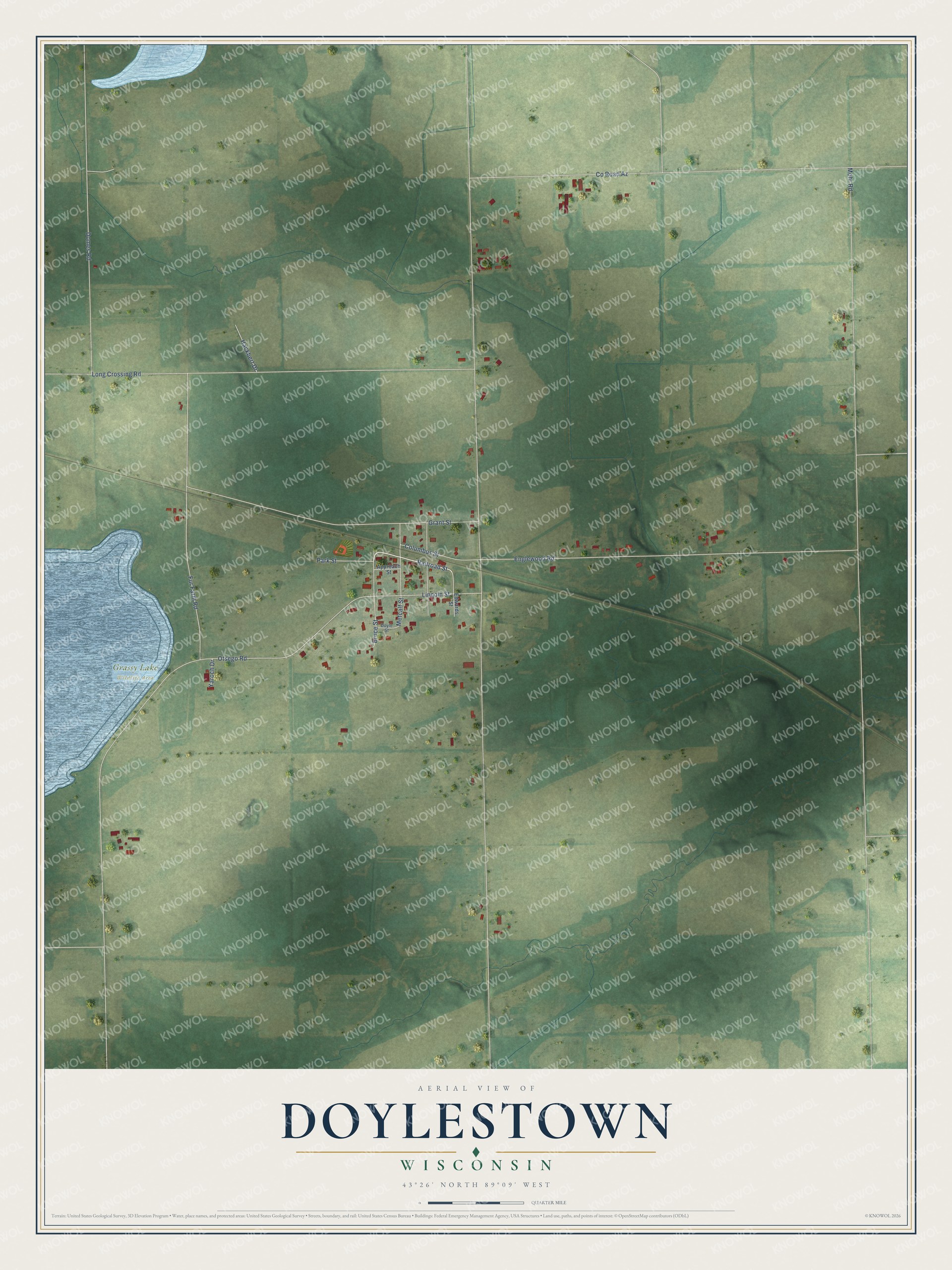 Full map of Doylestown, Wisconsin, with red buildings, printed street names and the land around them