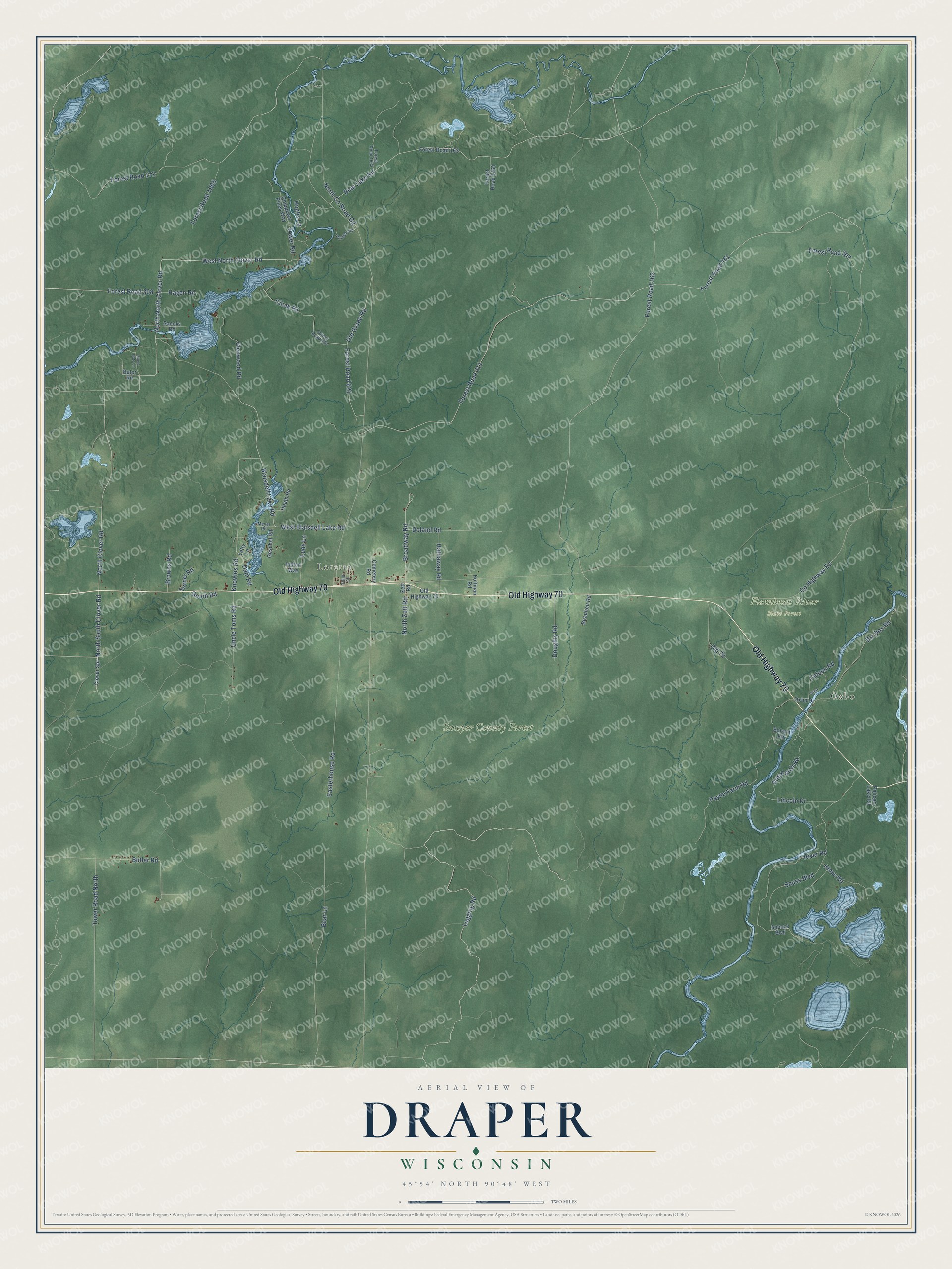 Full map of Draper, Wisconsin, with red buildings, printed street names and the land around them