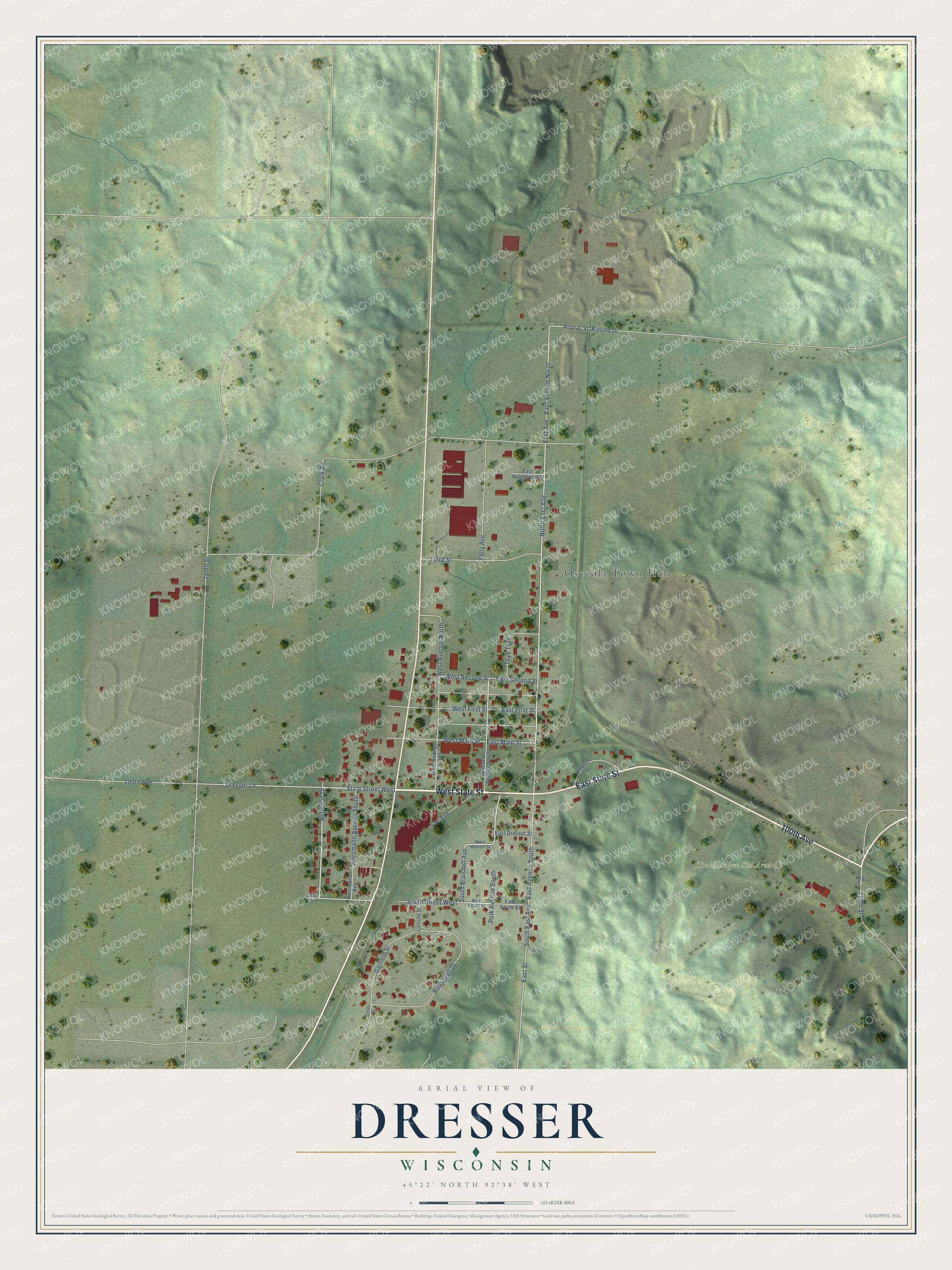 Full map of Dresser, Wisconsin, with red buildings, printed street names and the land around them