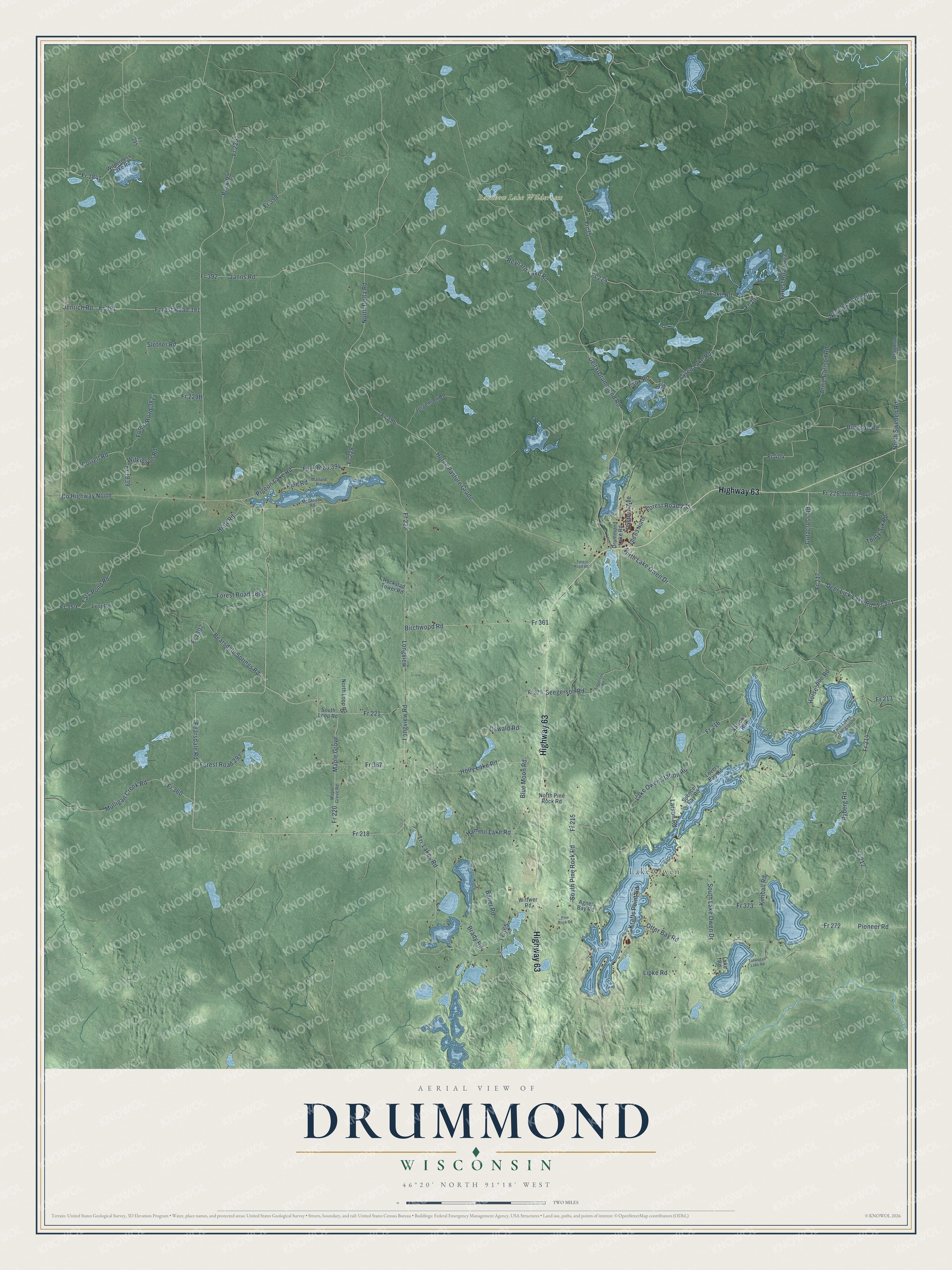 Full map of Drummond, Wisconsin, with red buildings, printed street names and the land around them