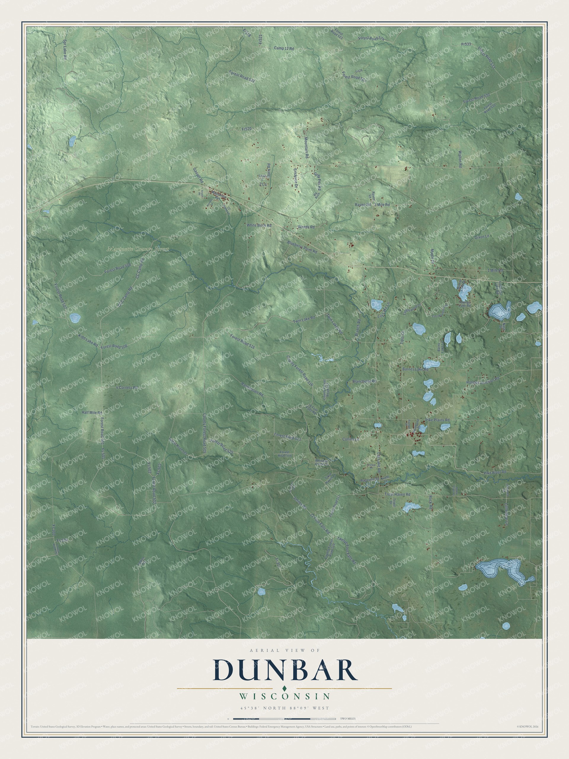Full map of Dunbar, Wisconsin, with red buildings, printed street names and the land around them