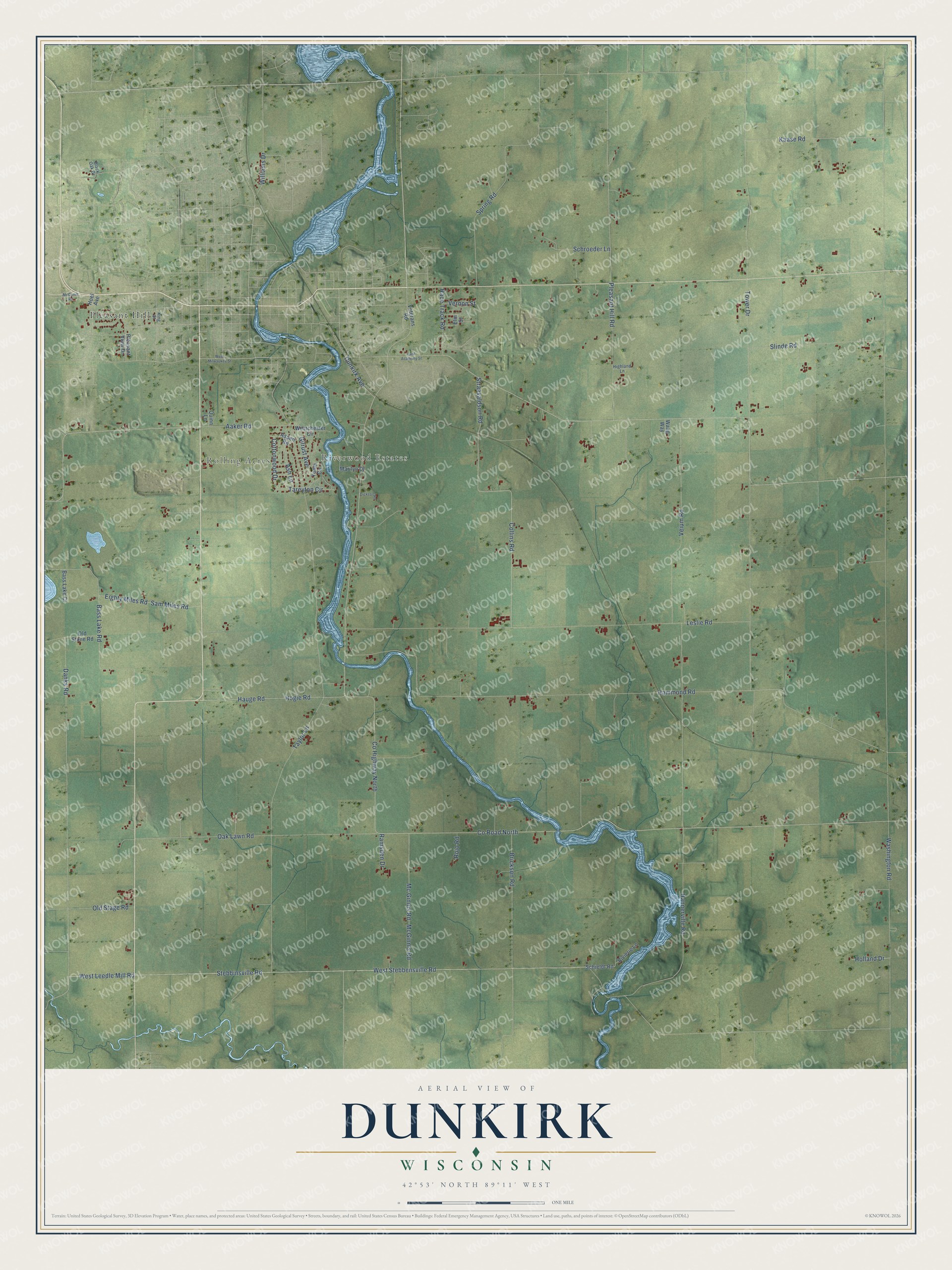 Full map of Dunkirk, Wisconsin, with red buildings, printed street names and the land around them