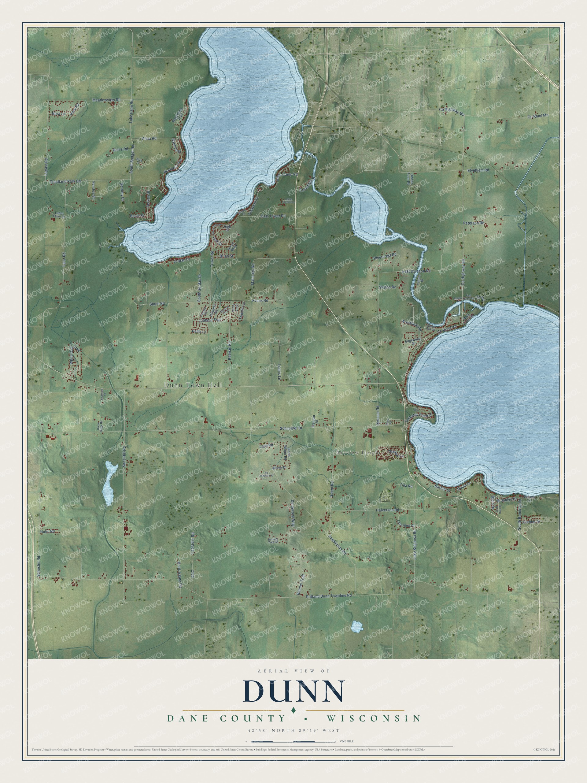 Full map of Dunn, Wisconsin, with red buildings, printed street names and the land around them