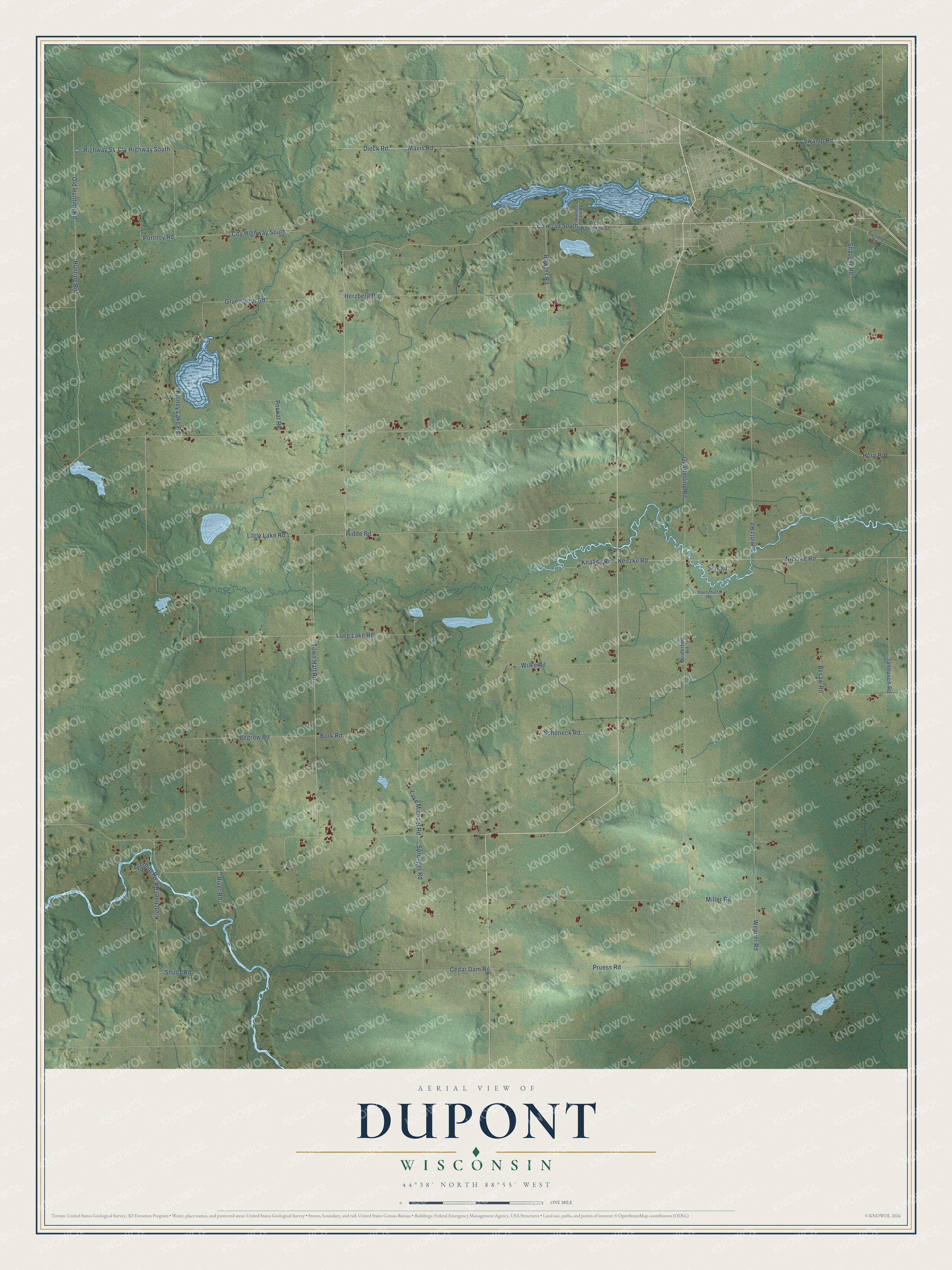 Full map of Dupont, Wisconsin, with red buildings, printed street names and the land around them