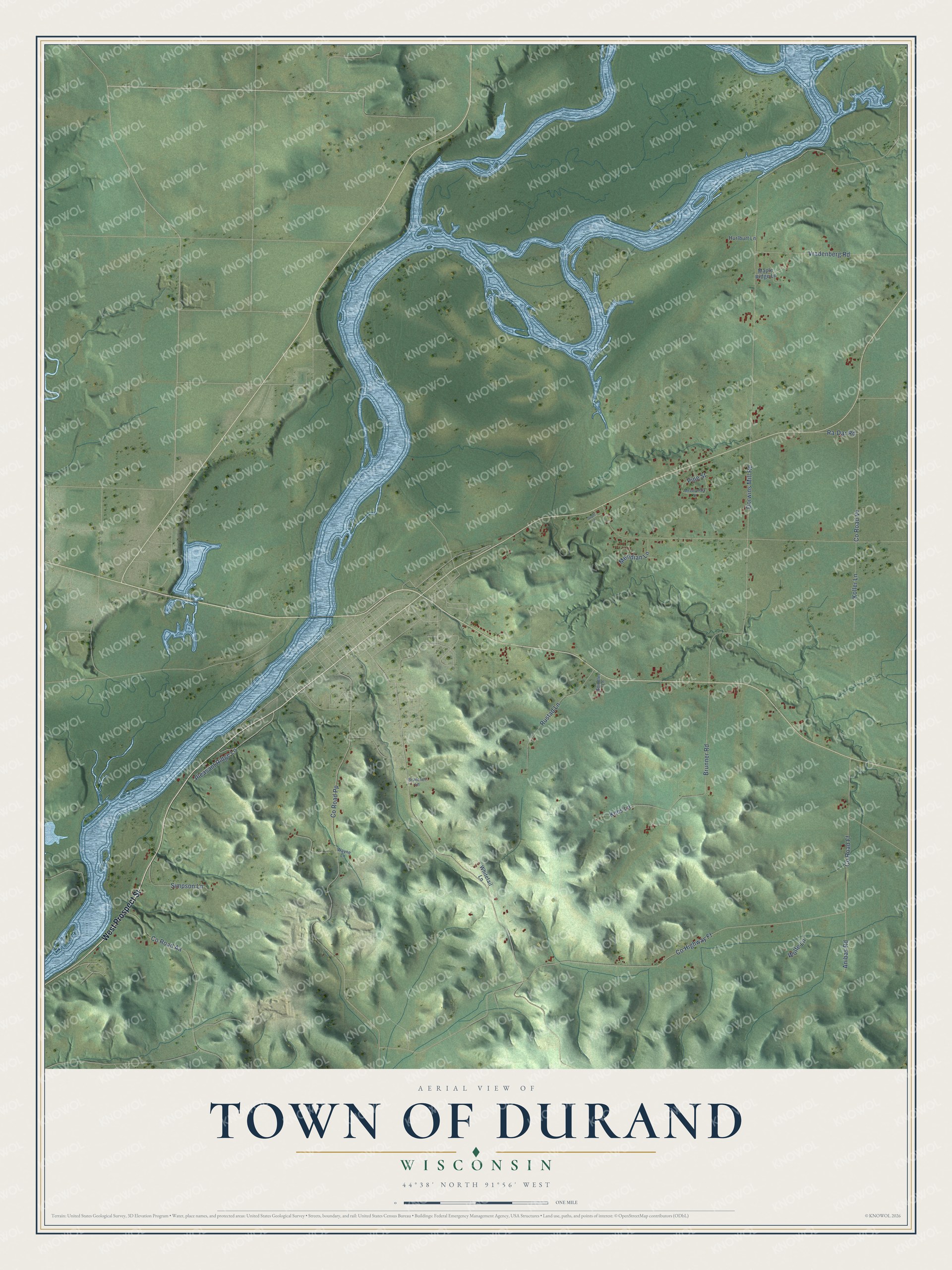 Full map of Durand, Wisconsin, with red buildings, printed street names and the land around them