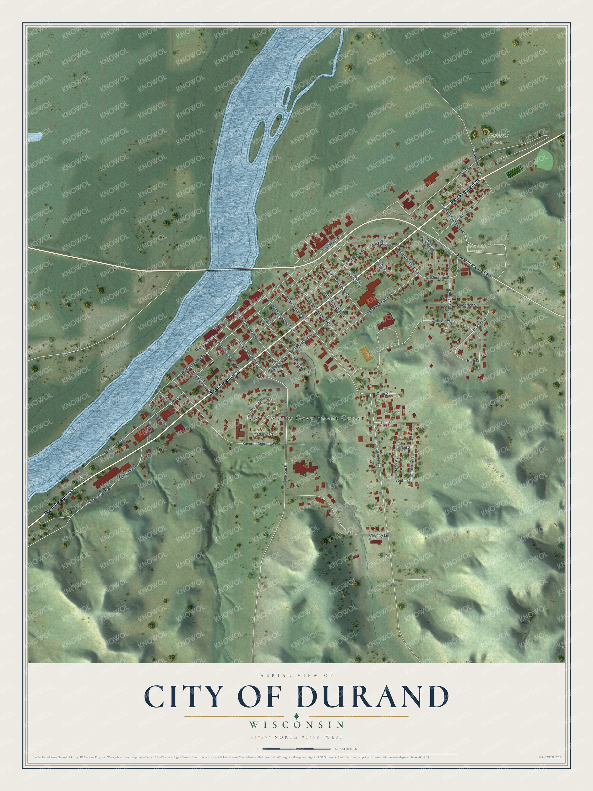 Full map of Durand, Wisconsin, with red buildings, printed street names and the land around them