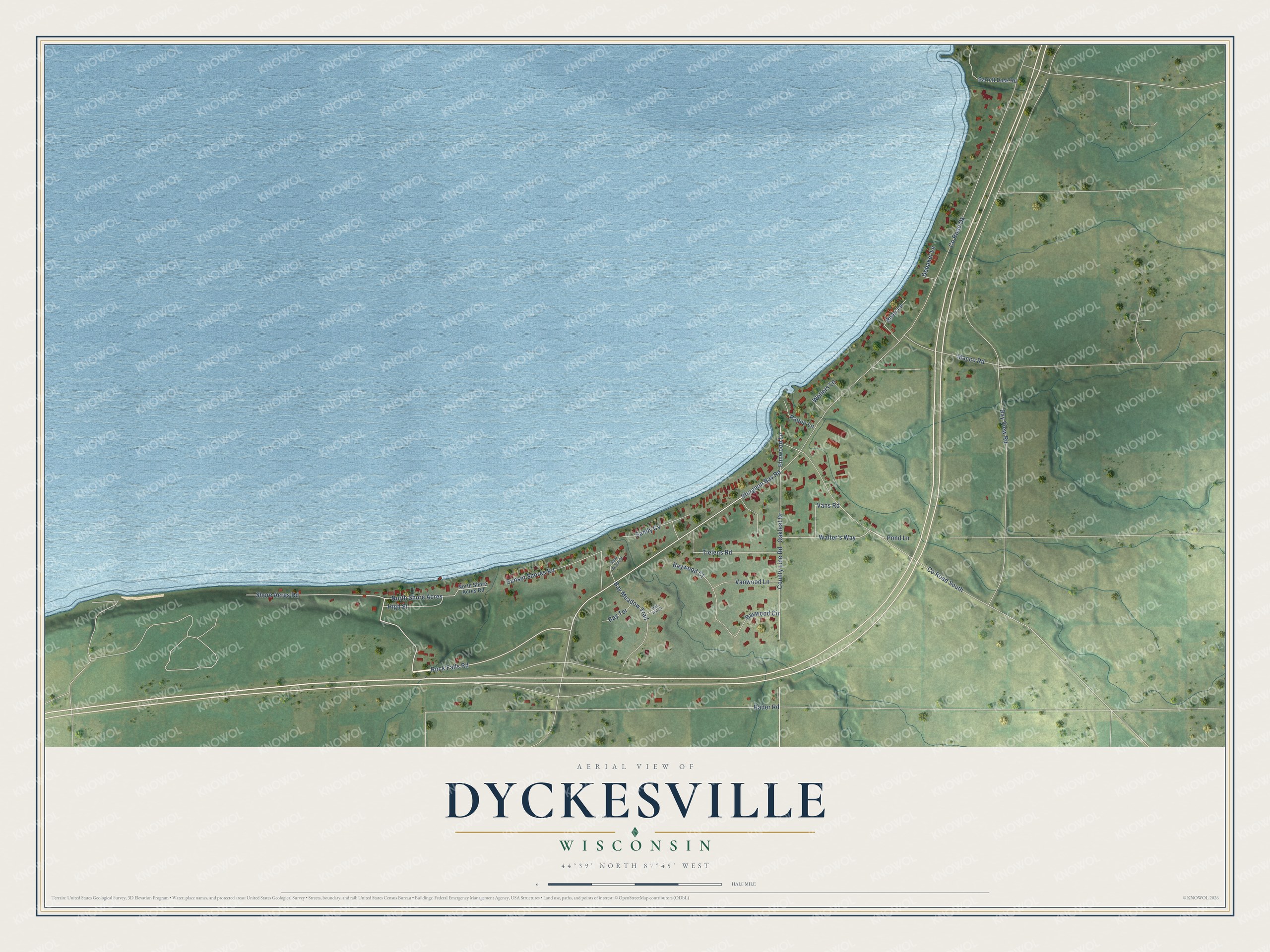 Full map of Dyckesville, Wisconsin, with red buildings, printed street names and the land around them