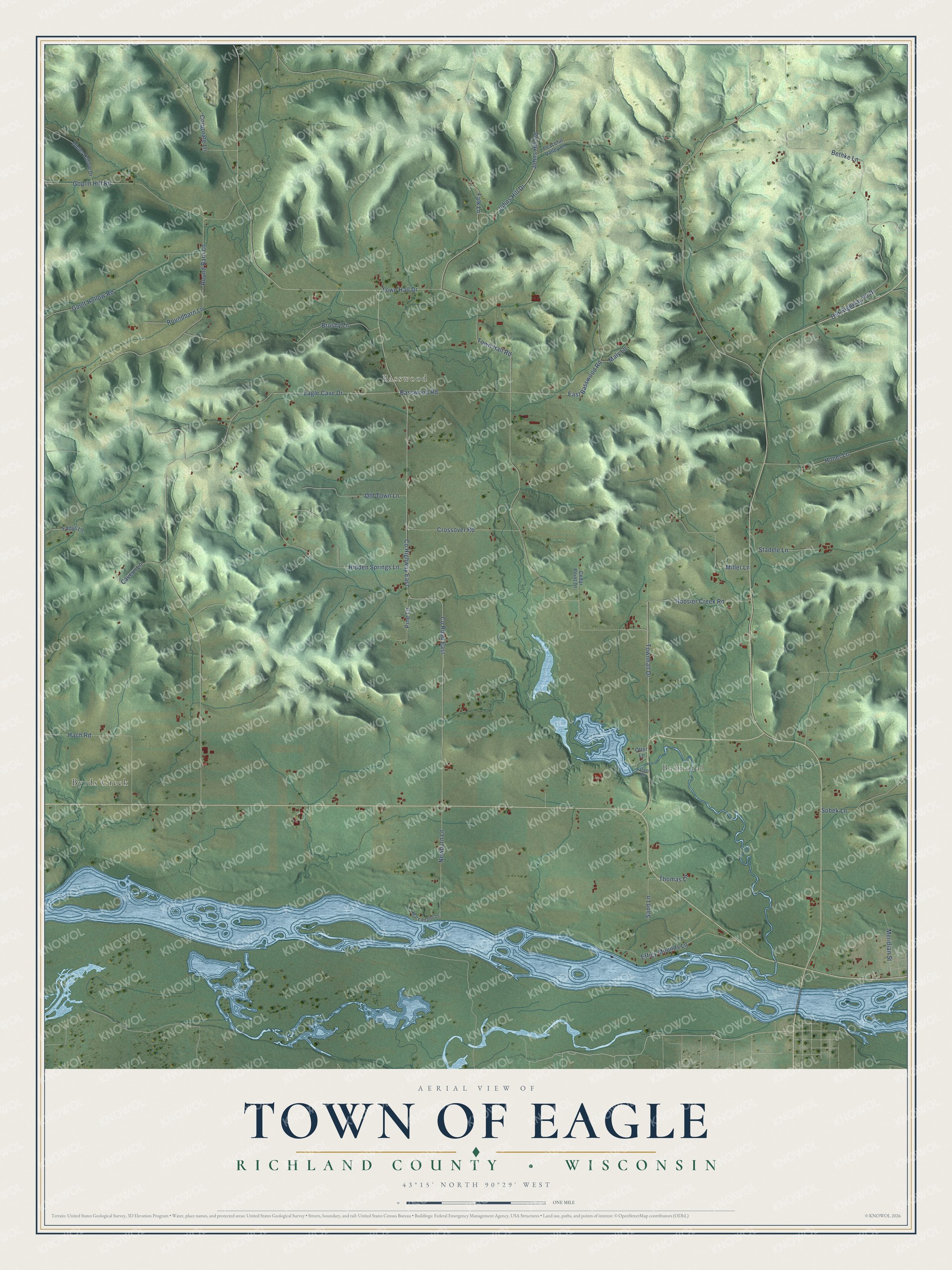 Full map of Eagle, Wisconsin, with red buildings, printed street names and the land around them