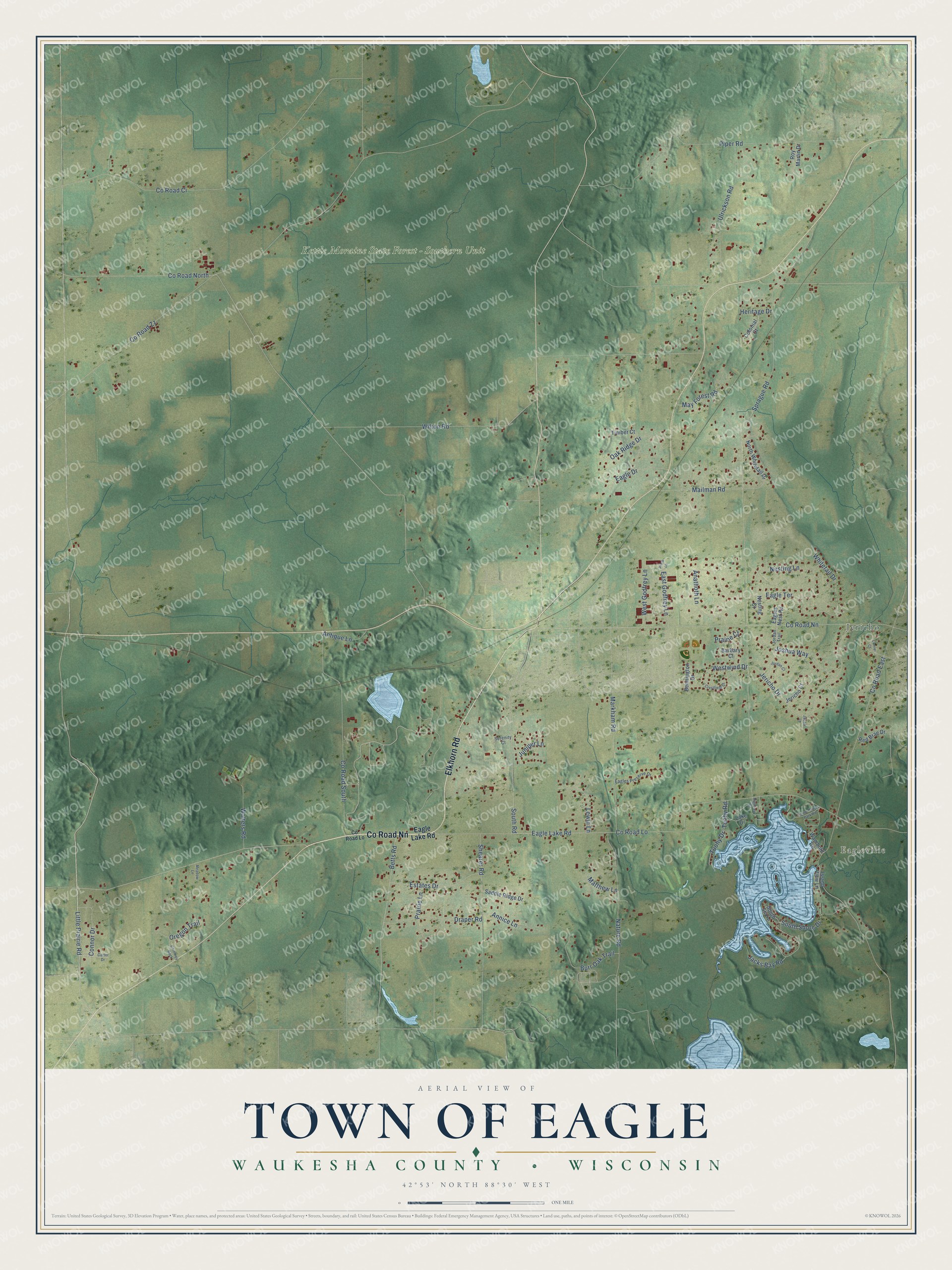 Full map of Eagle, Wisconsin, with red buildings, printed street names and the land around them