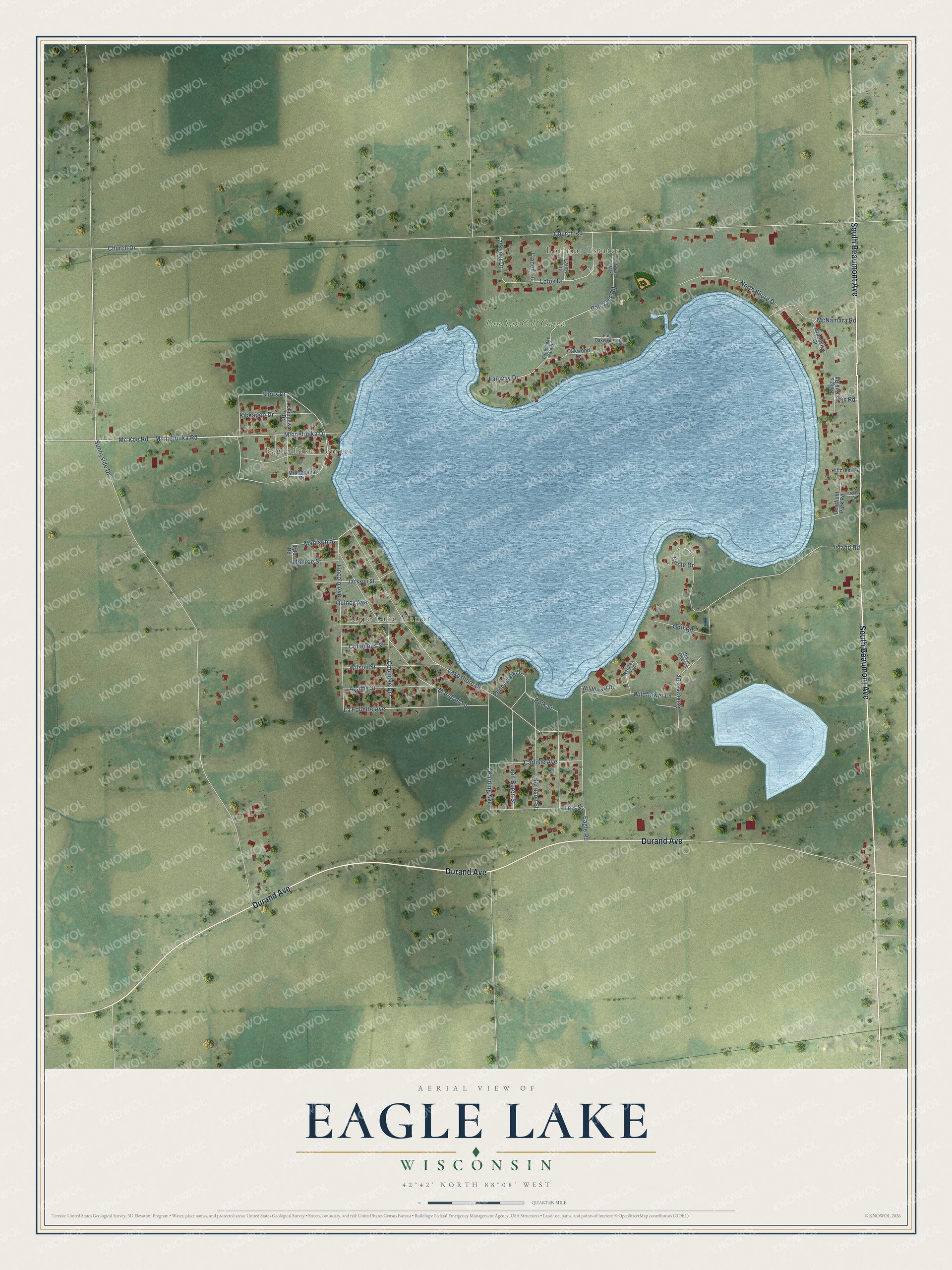 Full map of Eagle Lake, Wisconsin, with red buildings, printed street names and the land around them