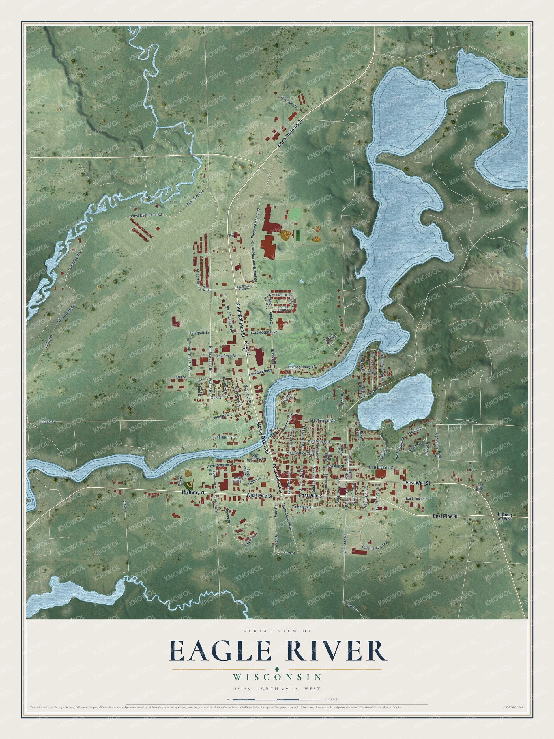 Full map of Eagle River, Wisconsin, with red buildings, printed street names and the land around them