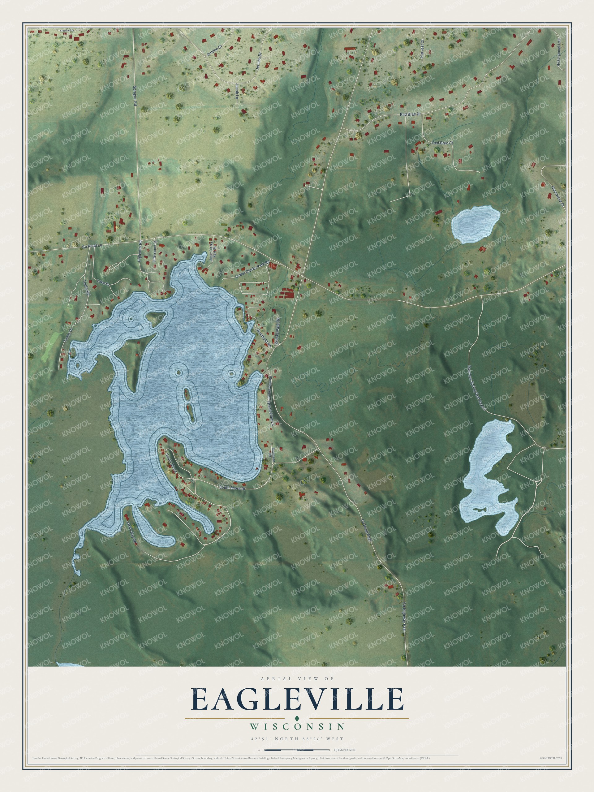 Full map of Eagleville, Wisconsin, with red buildings, printed street names and the land around them