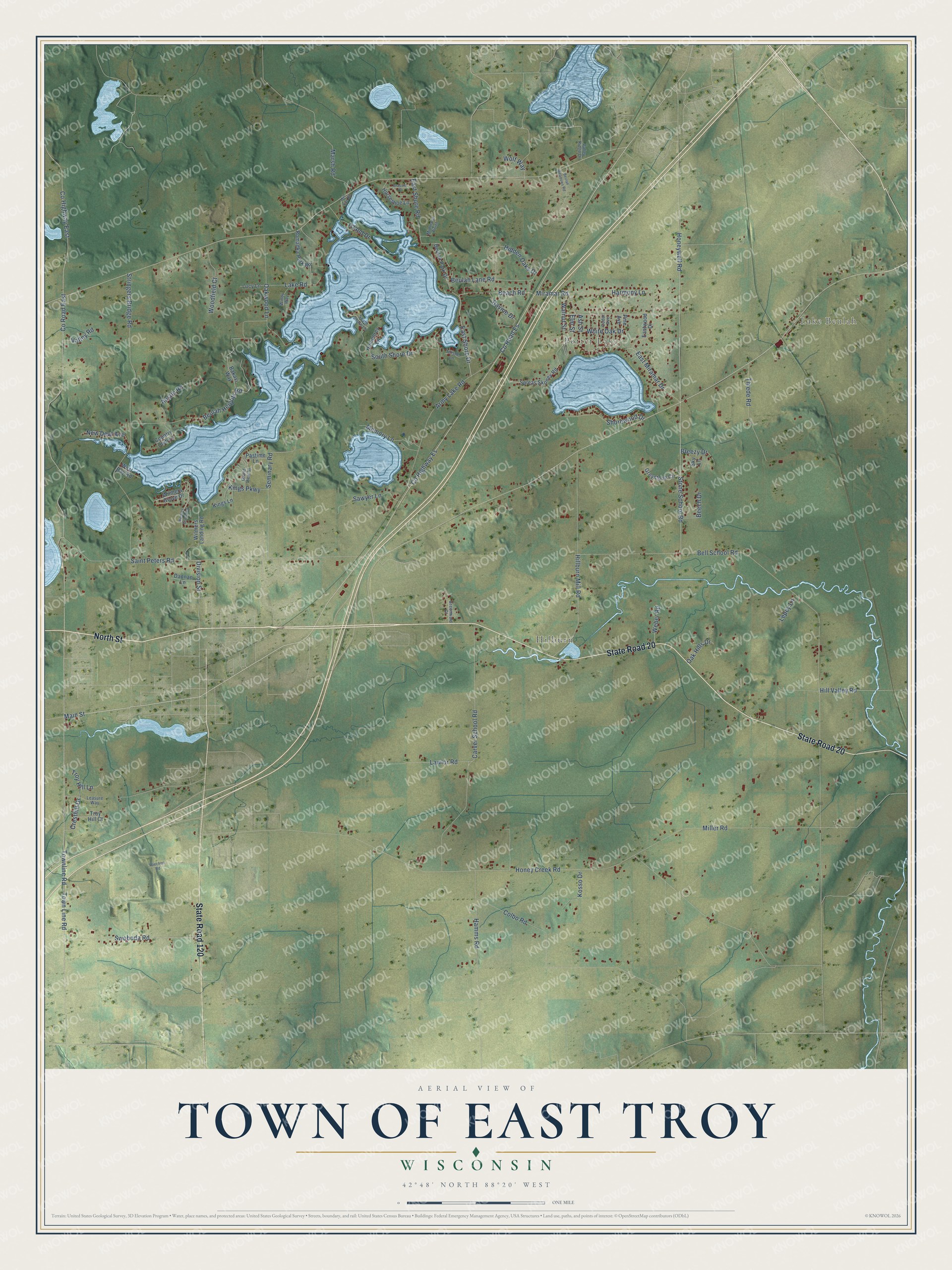 Full map of East Troy, Wisconsin, with red buildings, printed street names and the land around them