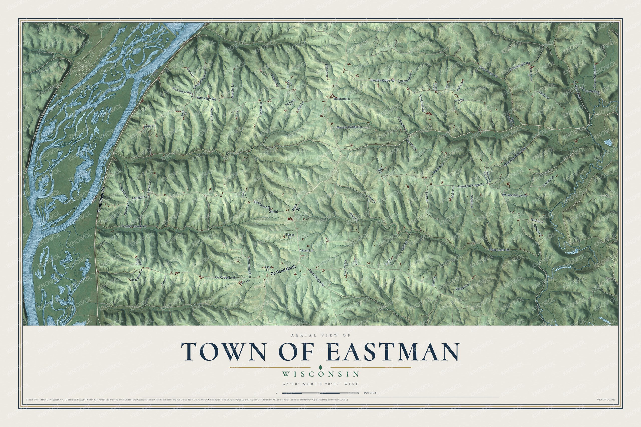 Full map of Eastman, Wisconsin, with red buildings, printed street names and the land around them