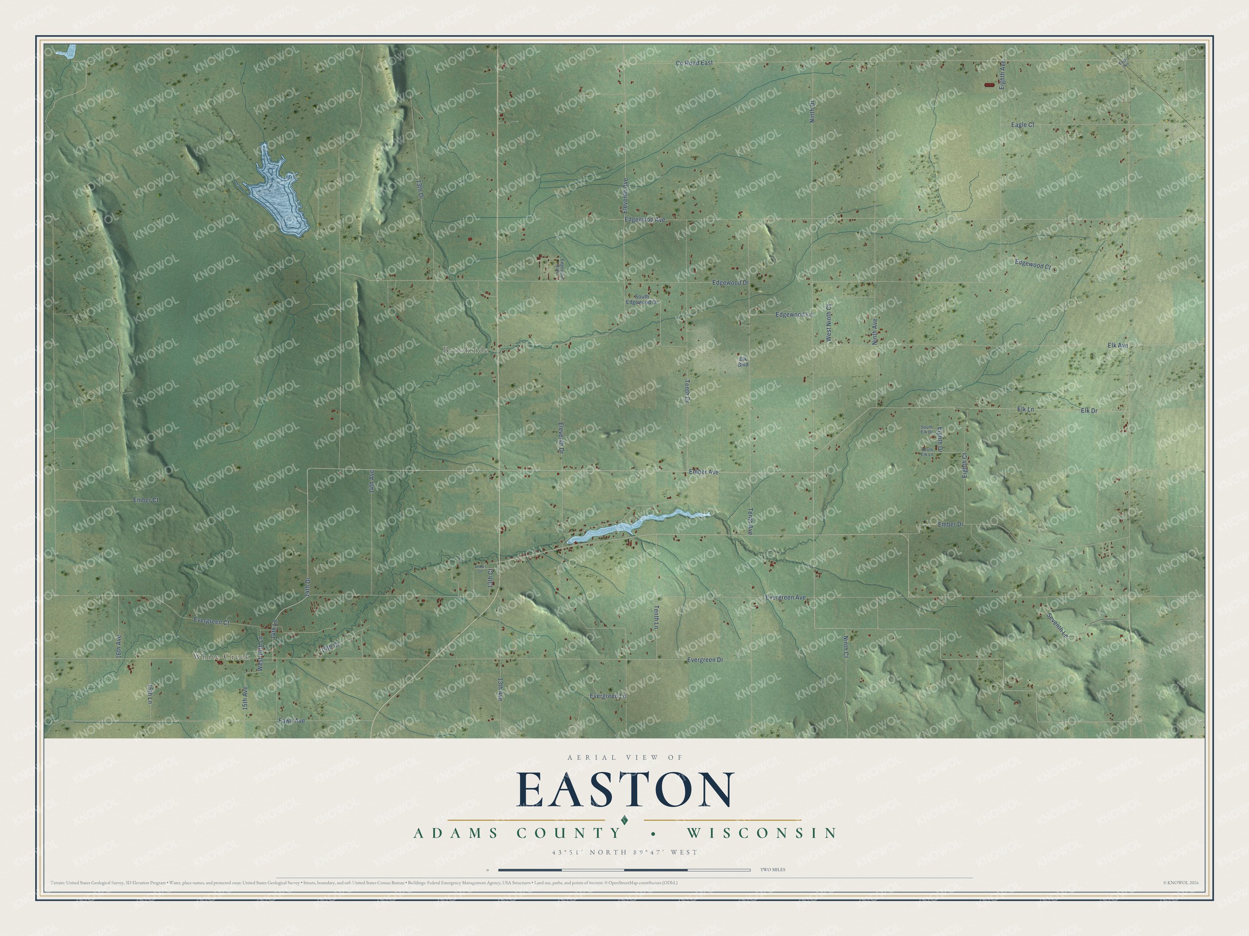 Full map of Easton, Wisconsin, with red buildings, printed street names and the land around them
