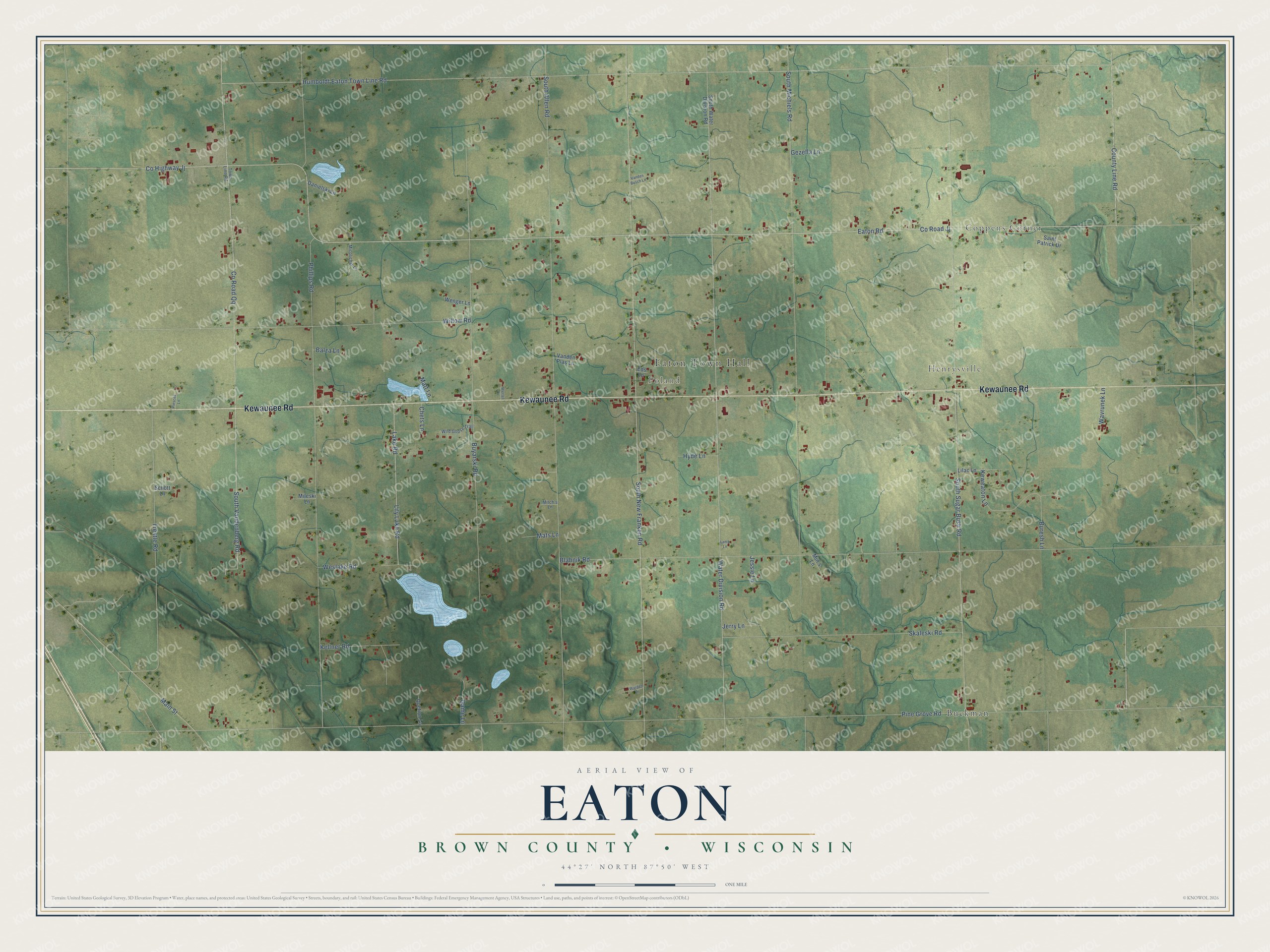 Full map of Eaton, Wisconsin, with red buildings, printed street names and the land around them
