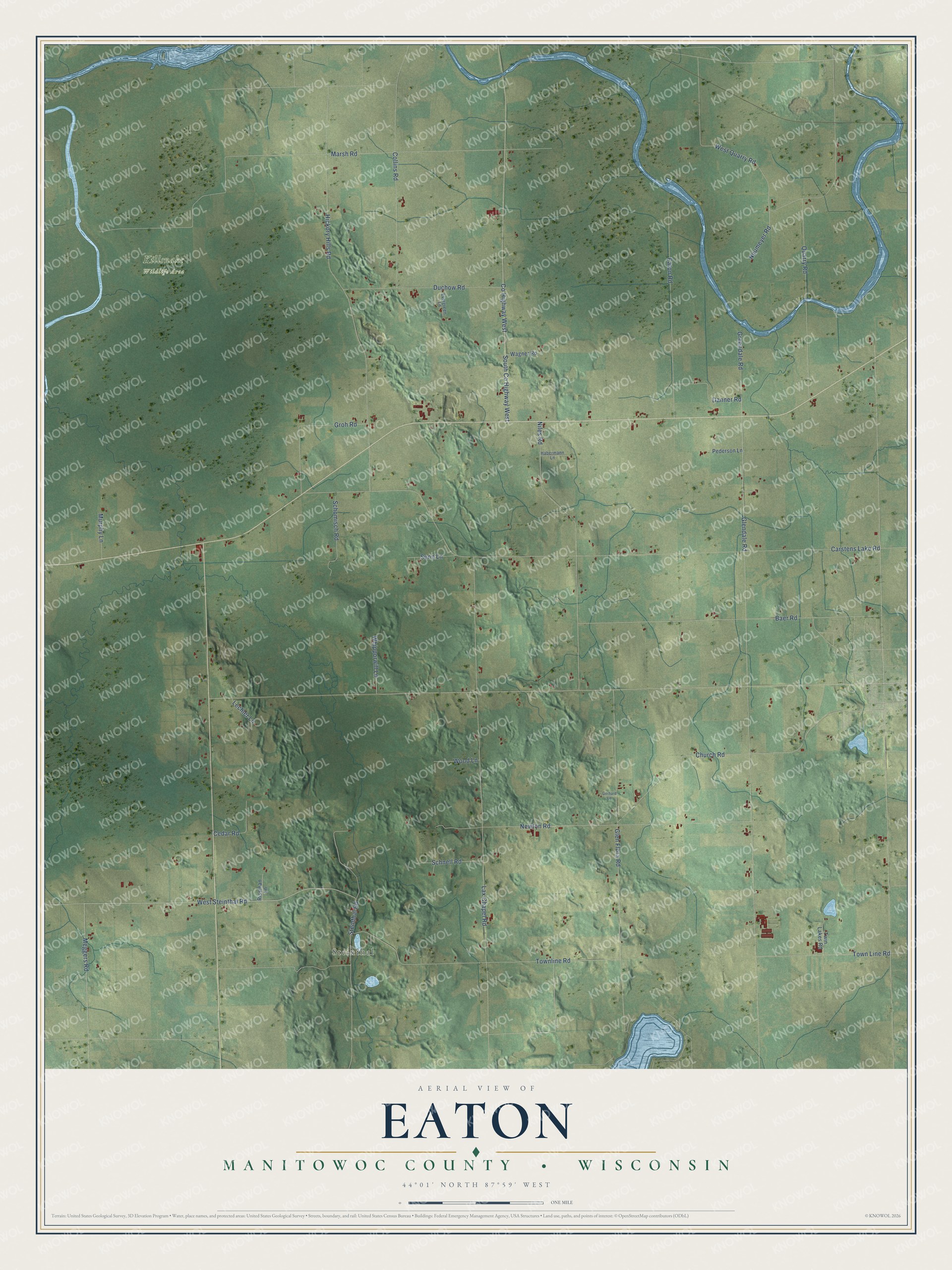 Full map of Eaton, Wisconsin, with red buildings, printed street names and the land around them