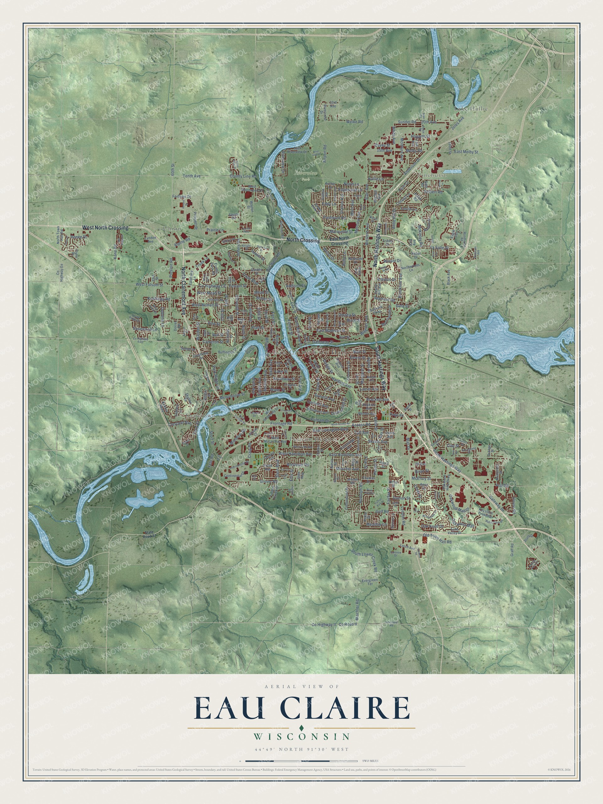 Full map of Eau Claire, Wisconsin, with red buildings, printed street names and the land around them