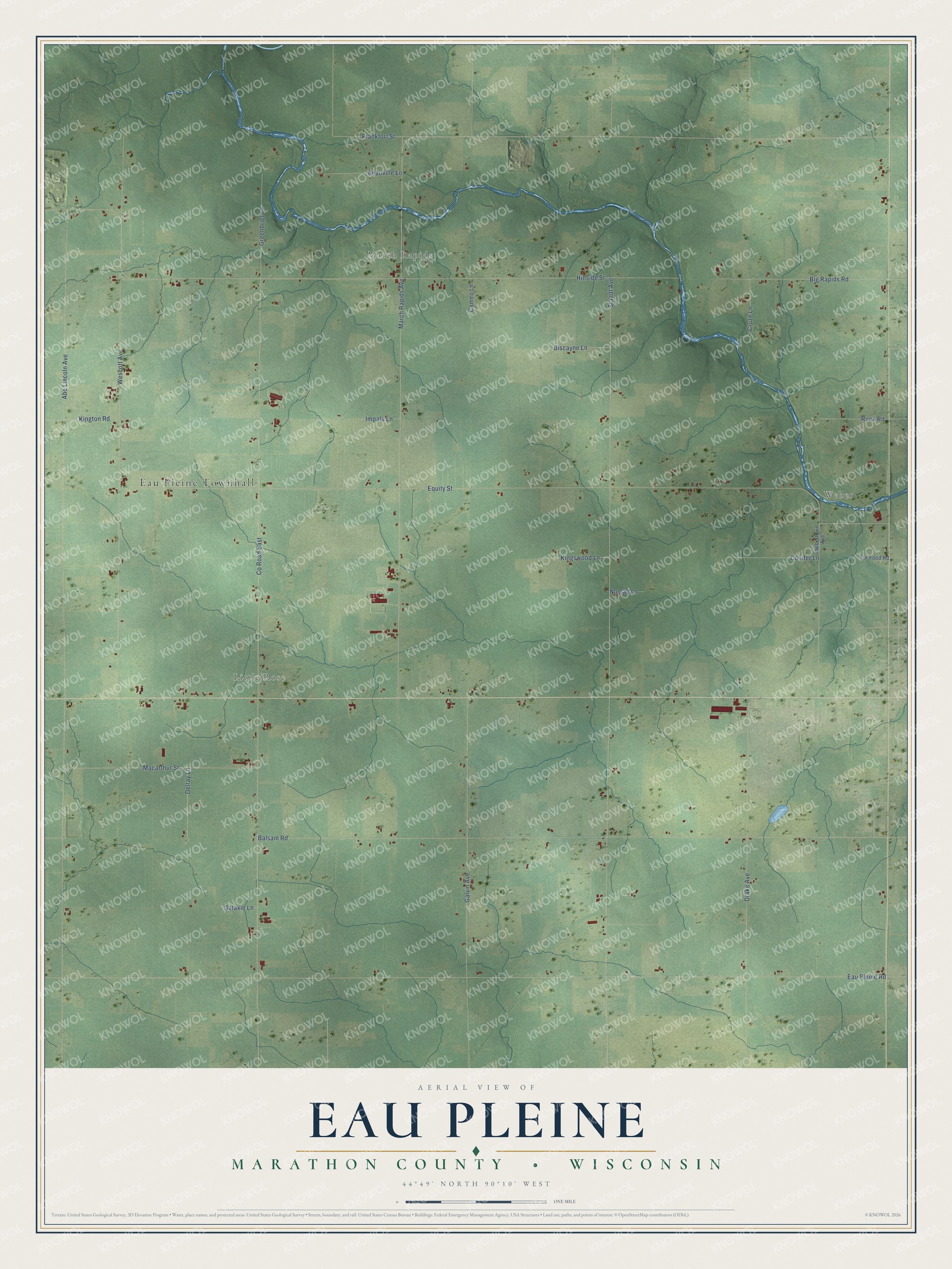Full map of Eau Pleine, Wisconsin, with red buildings, printed street names and the land around them