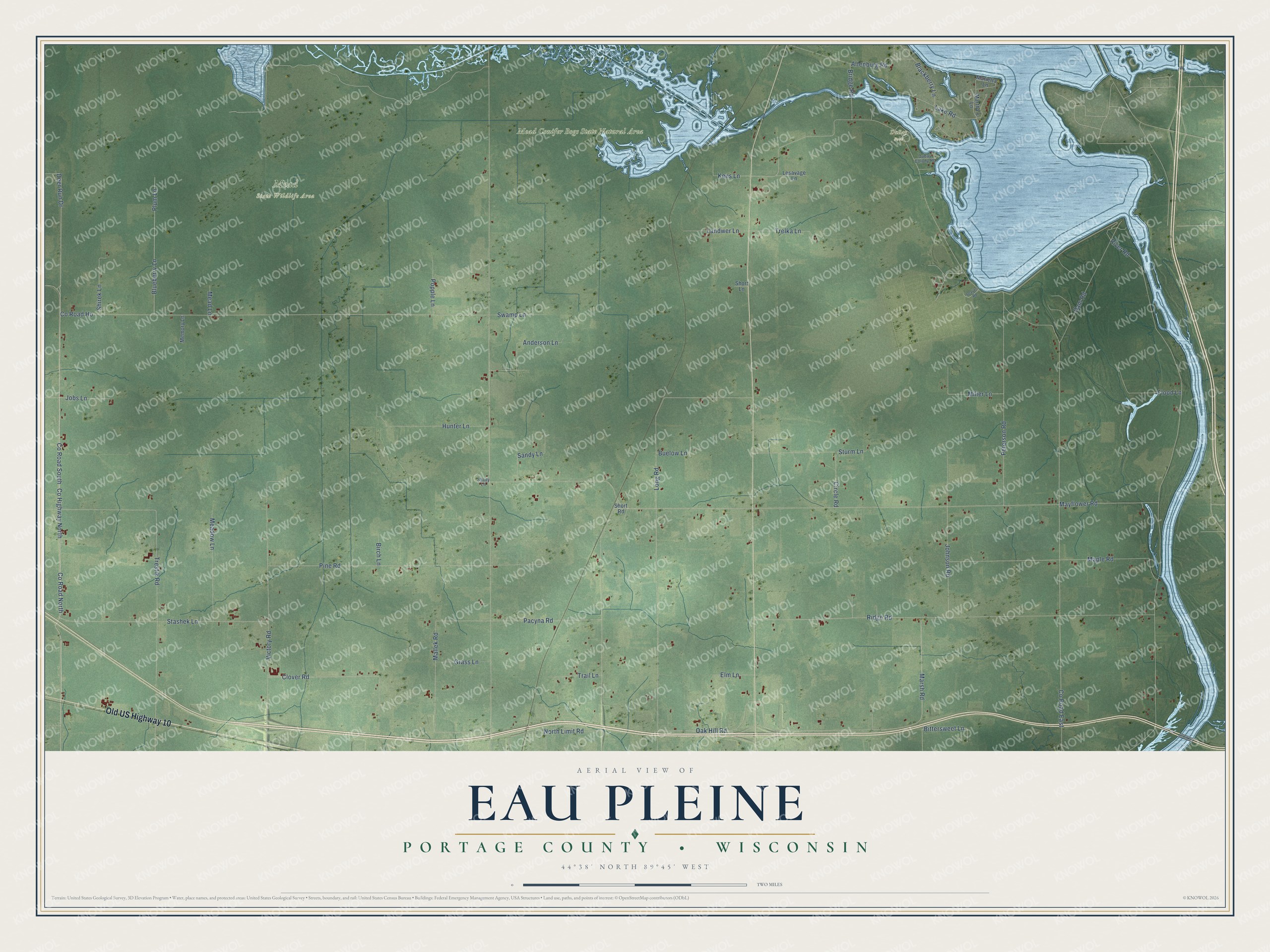 Full map of Eau Pleine, Wisconsin, with red buildings, printed street names and the land around them