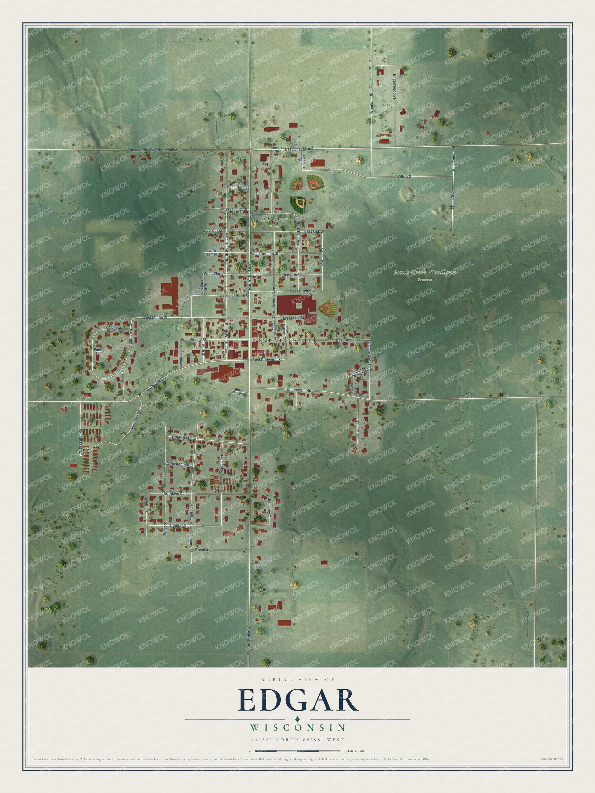Full map of Edgar, Wisconsin, with red buildings, printed street names and the land around them