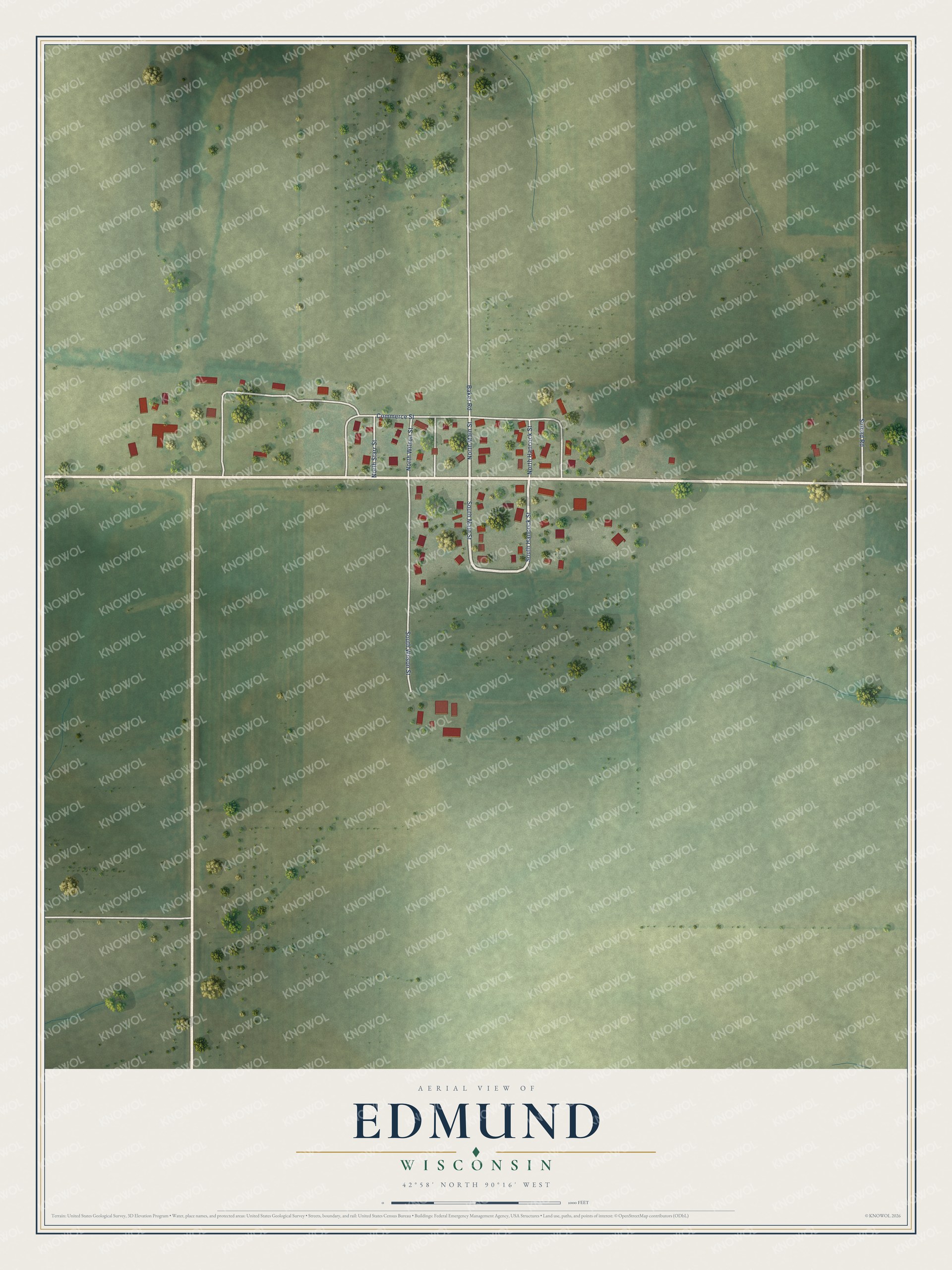 Full map of Edmund, Wisconsin, with red buildings, printed street names and the land around them