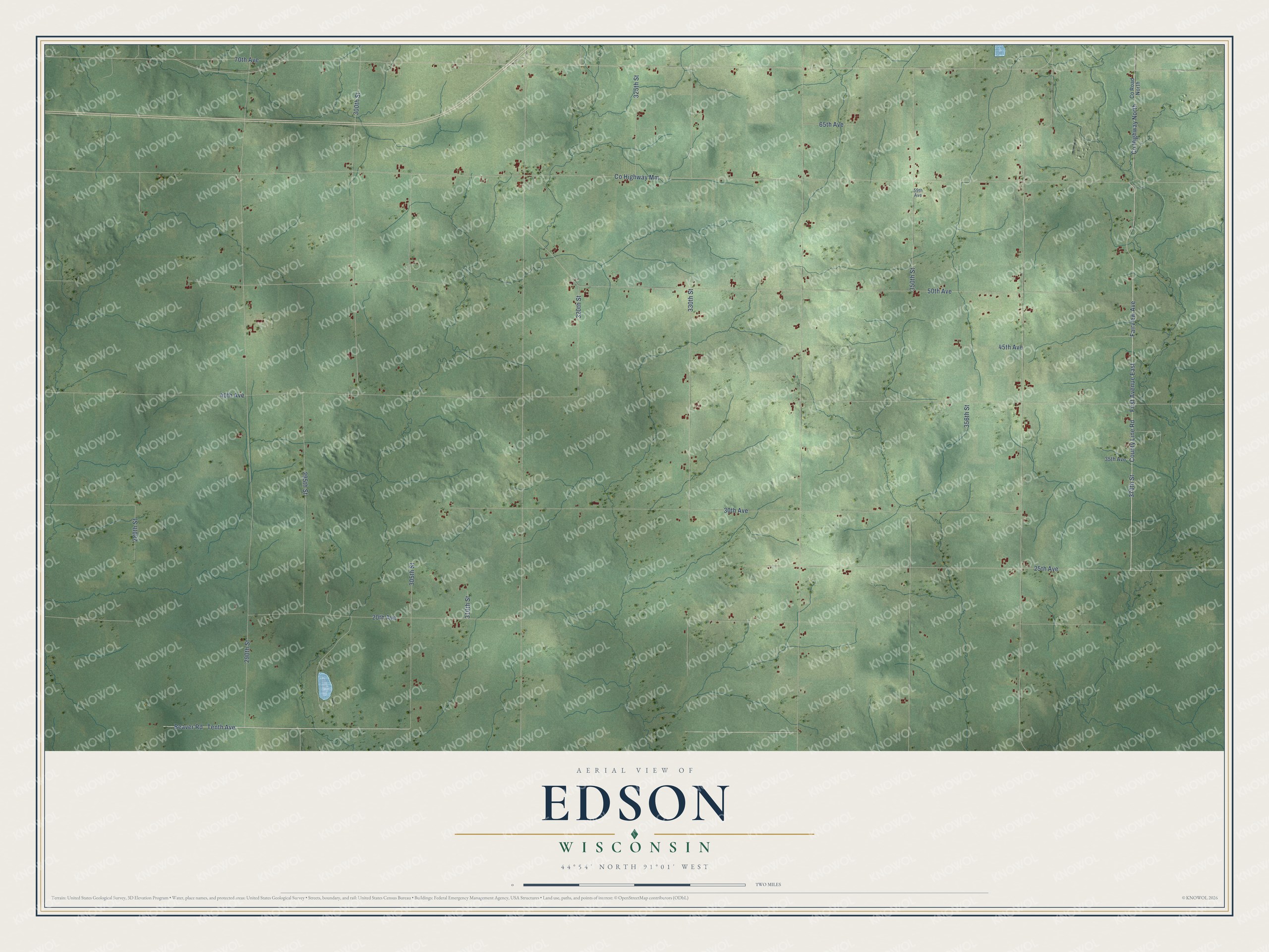 Full map of Edson, Wisconsin, with red buildings, printed street names and the land around them