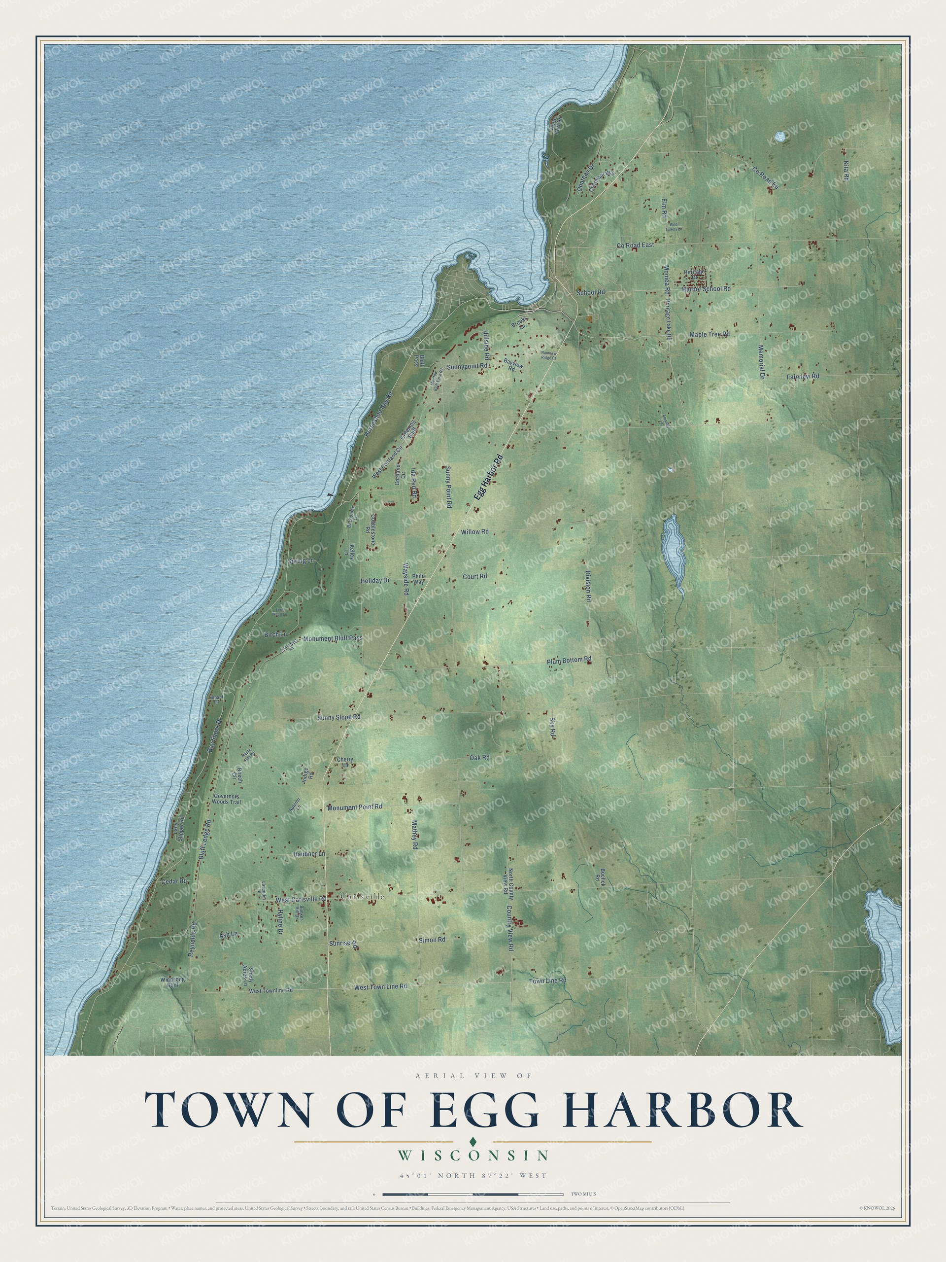 Full map of Egg Harbor, Wisconsin, with red buildings, printed street names and the land around them