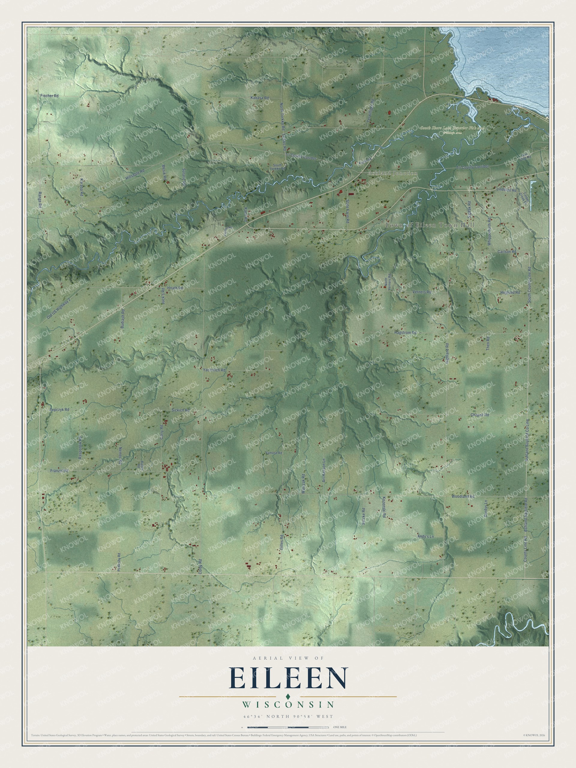 Full map of Eileen, Wisconsin, with red buildings, printed street names and the land around them