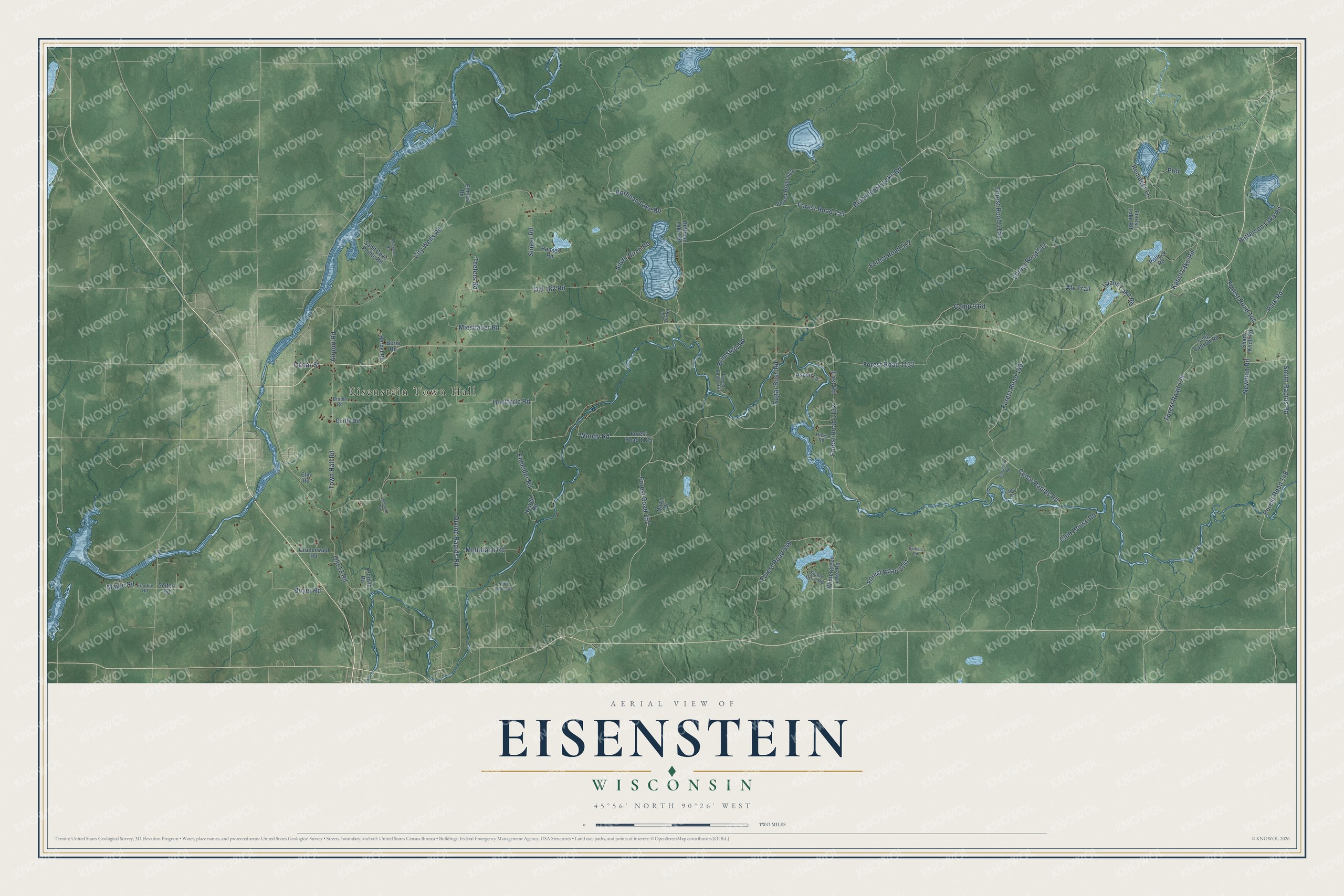 Full map of Eisenstein, Wisconsin, with red buildings, printed street names and the land around them