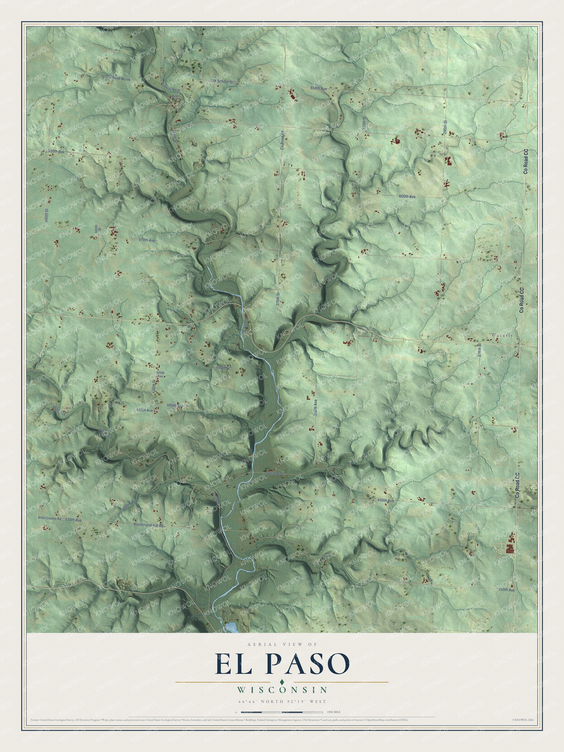 Full map of El Paso, Wisconsin, with red buildings, printed street names and the land around them