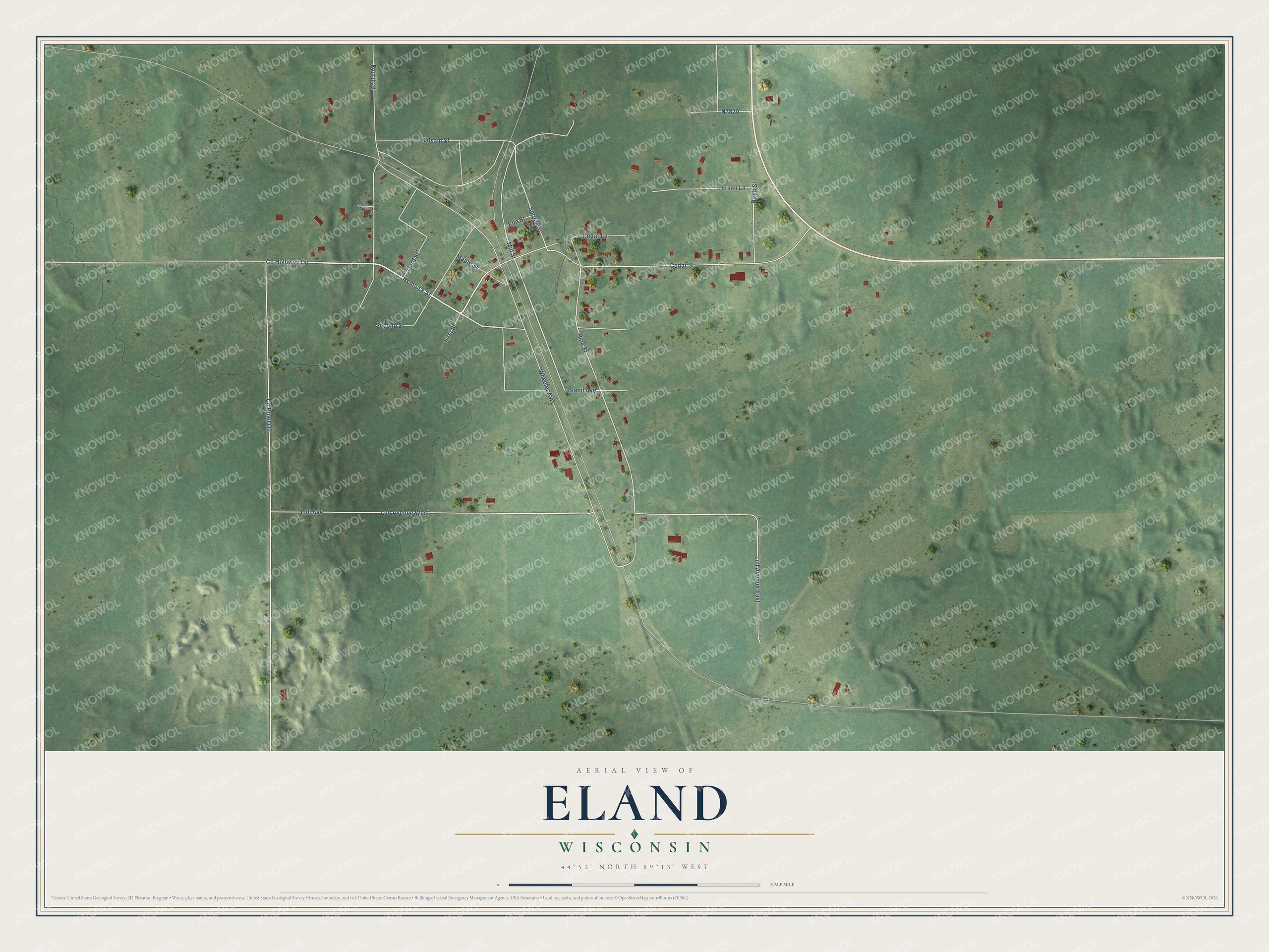 Full map of Eland, Wisconsin, with red buildings, printed street names and the land around them