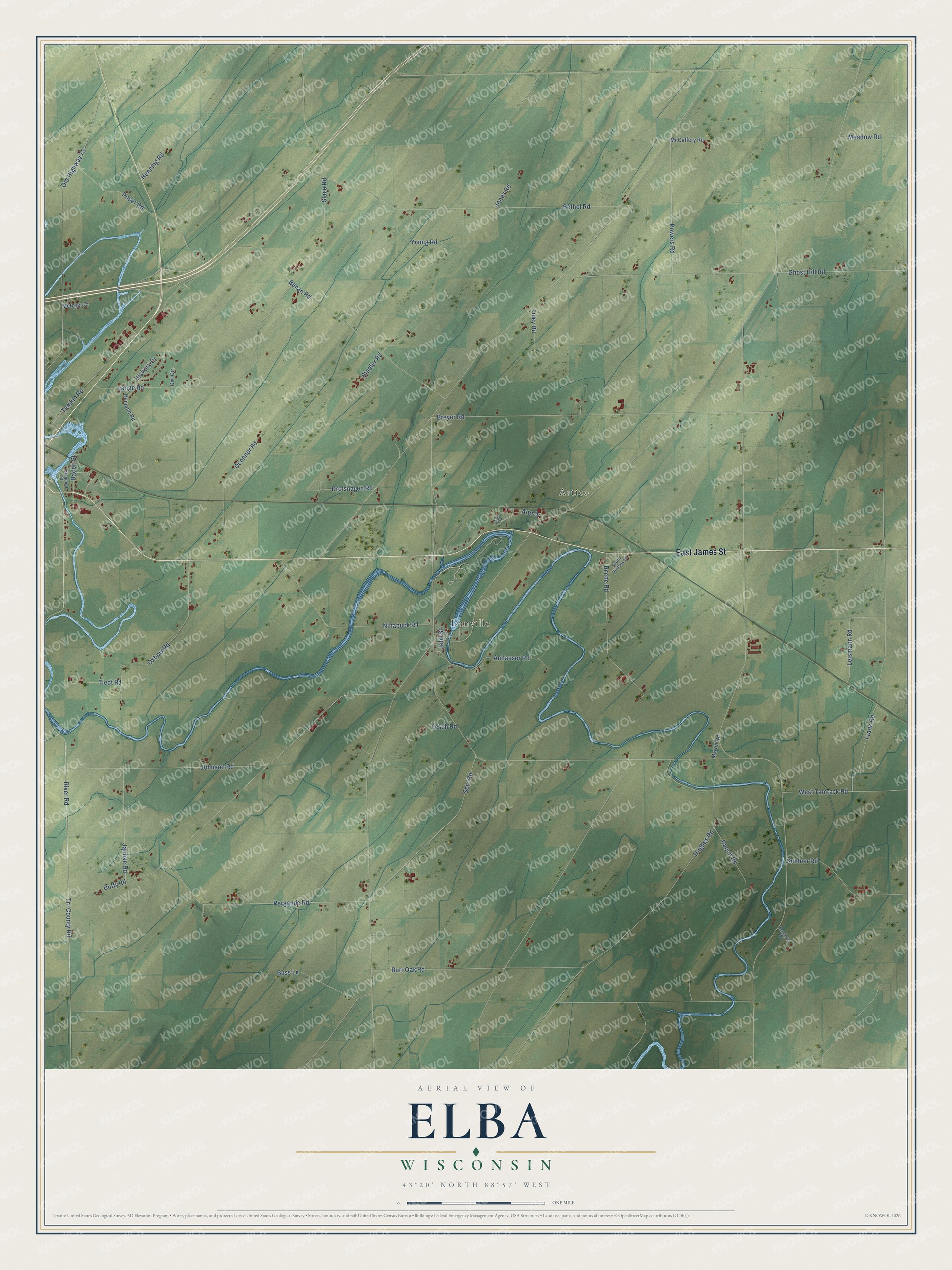 Full map of Elba, Wisconsin, with red buildings, printed street names and the land around them