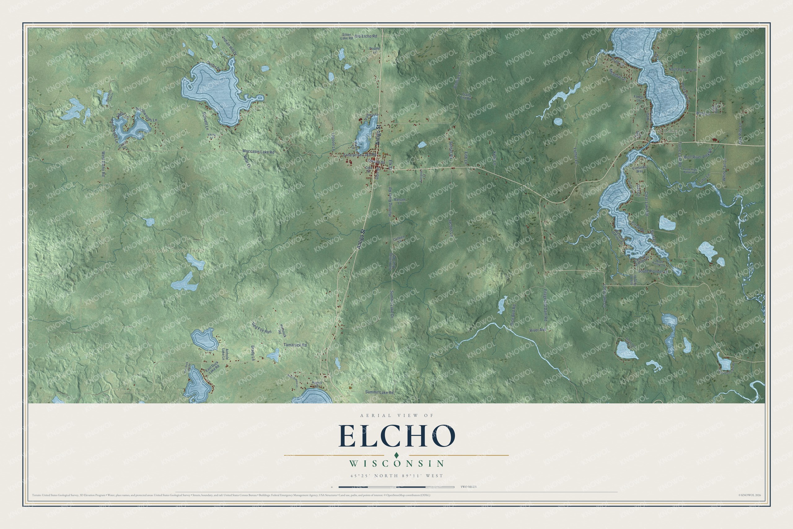 Full map of Elcho, Wisconsin, with red buildings, printed street names and the land around them