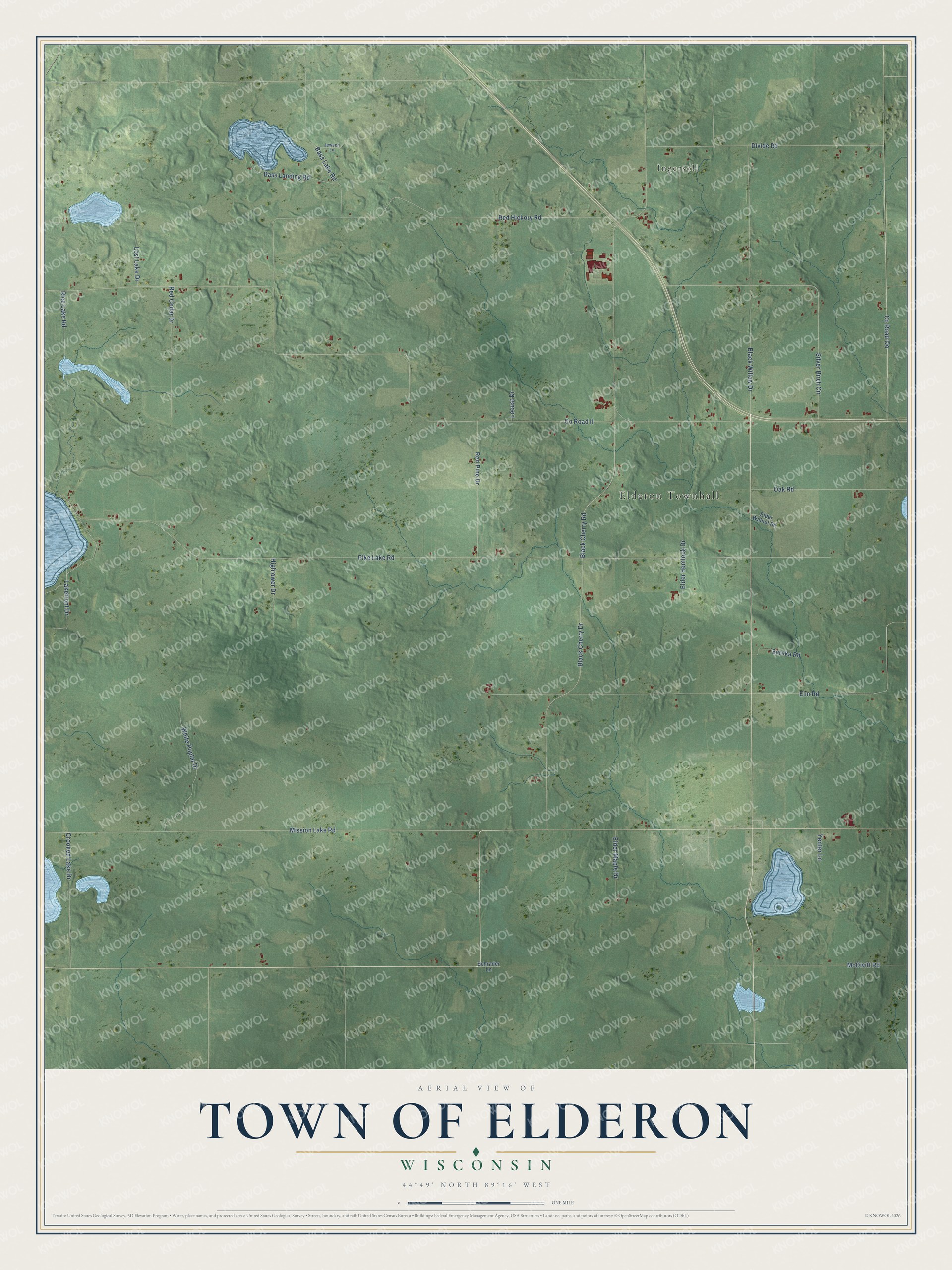 Full map of Elderon, Wisconsin, with red buildings, printed street names and the land around them