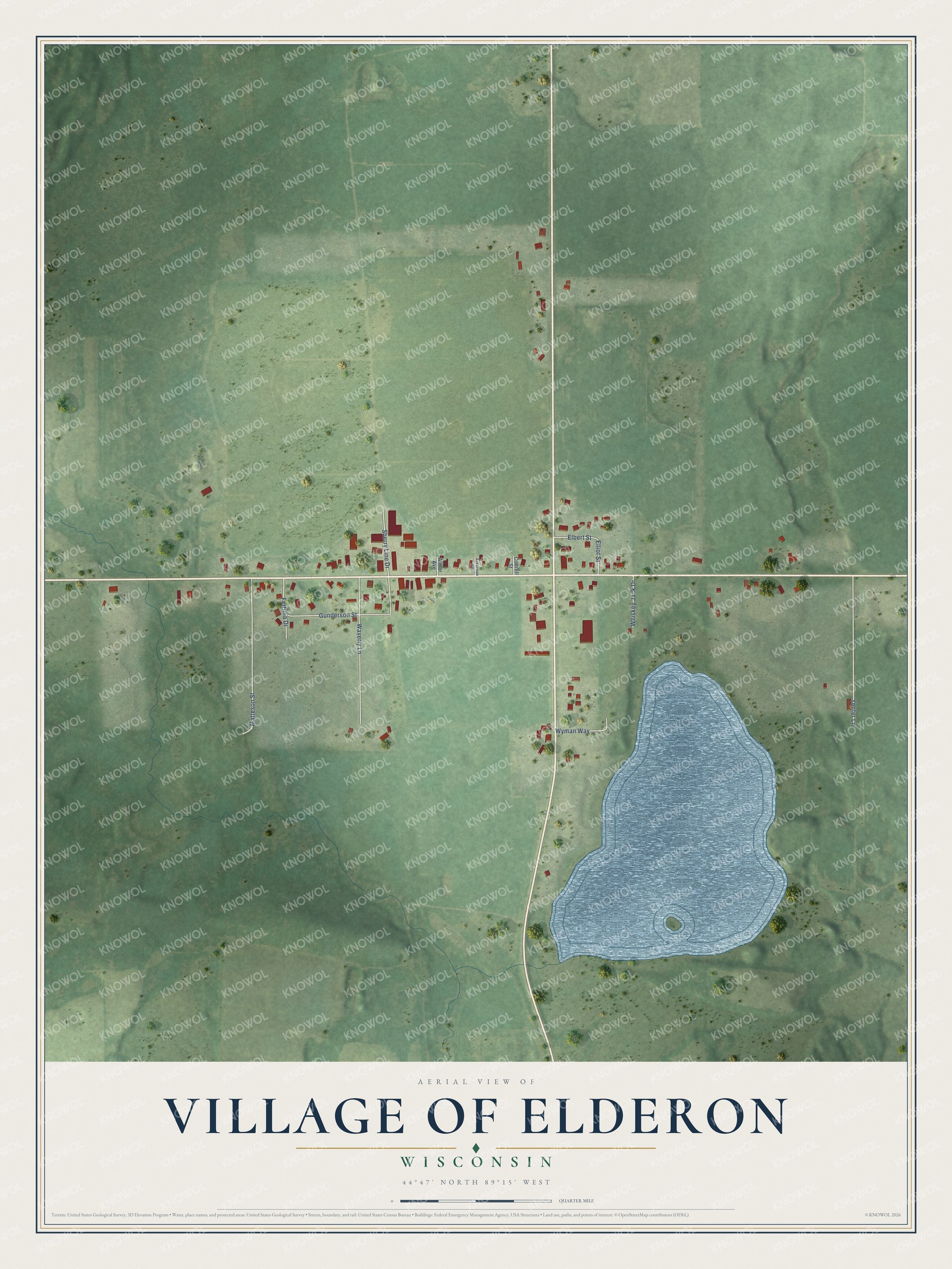 Full map of Elderon, Wisconsin, with red buildings, printed street names and the land around them