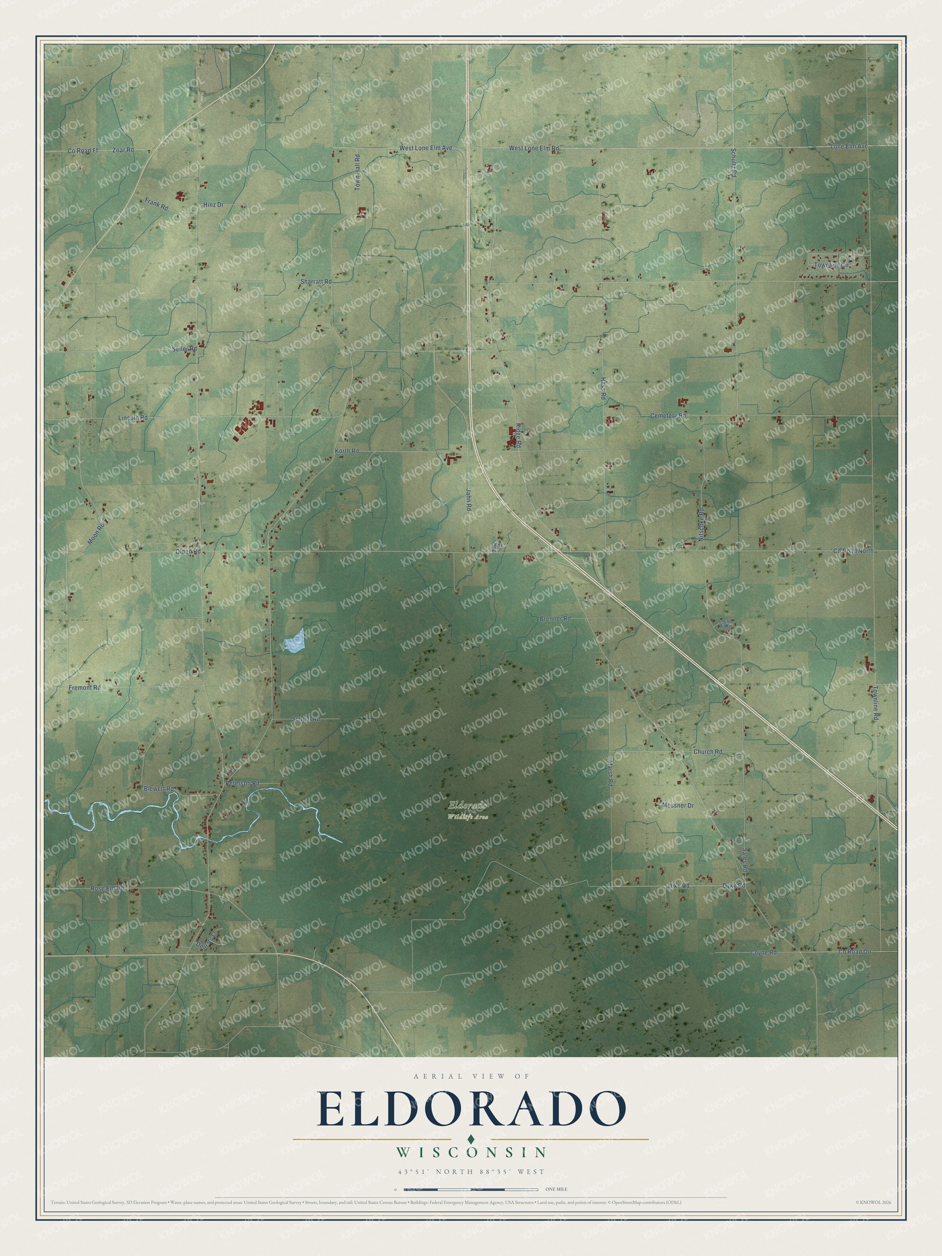 Full map of Eldorado, Wisconsin, with red buildings, printed street names and the land around them