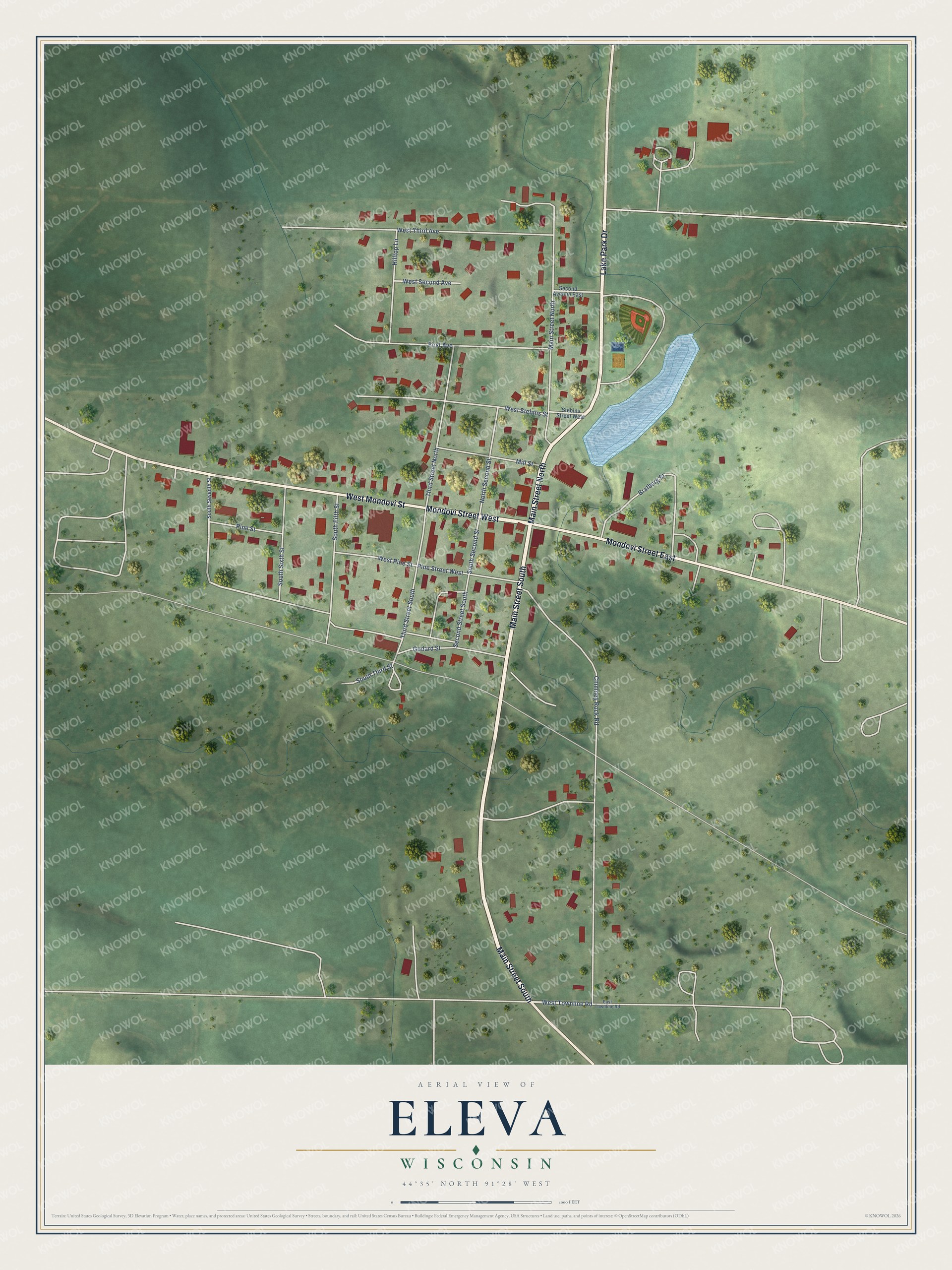 Full map of Eleva, Wisconsin, with red buildings, printed street names and the land around them