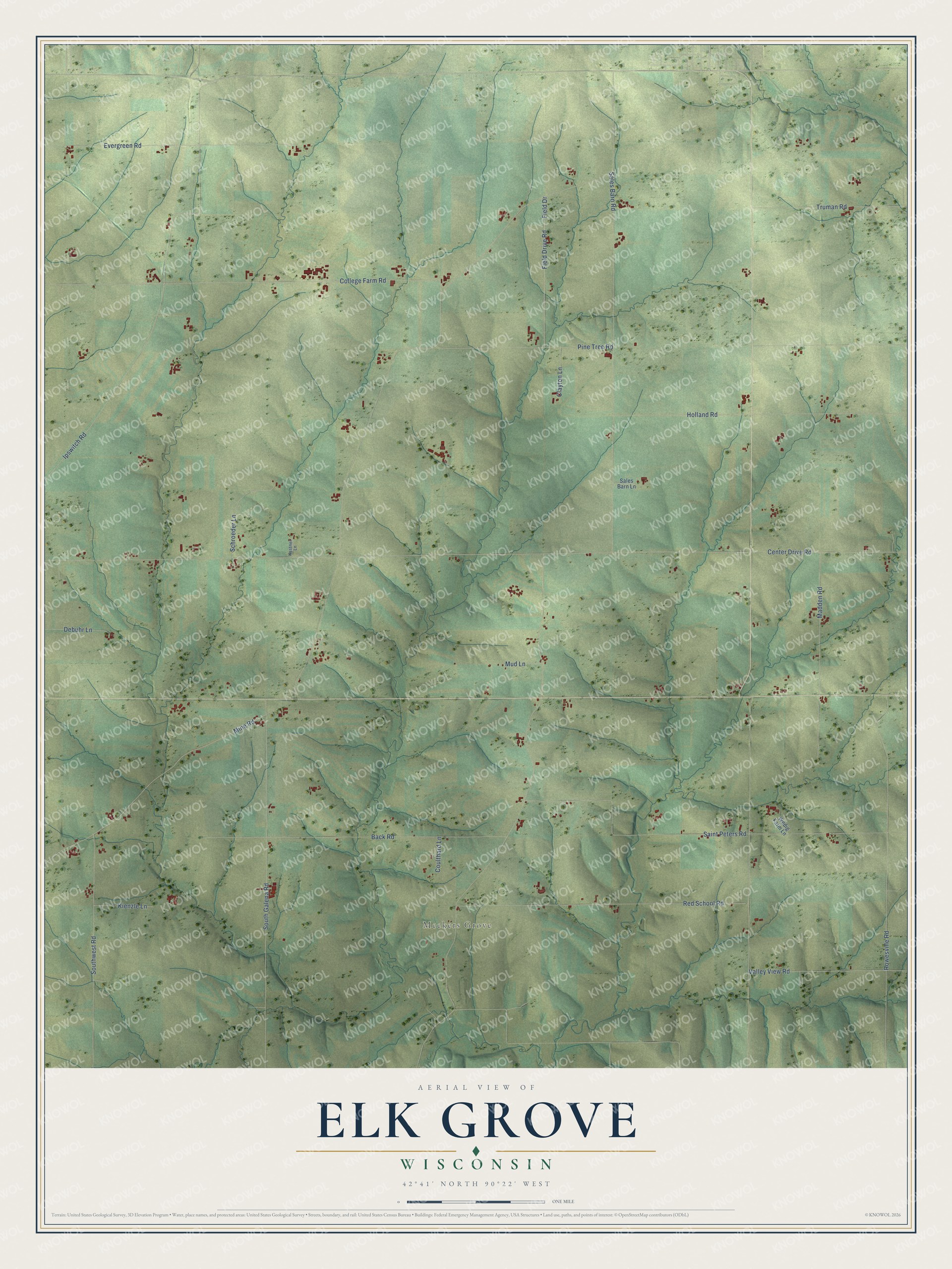 Full map of Elk Grove, Wisconsin, with red buildings, printed street names and the land around them