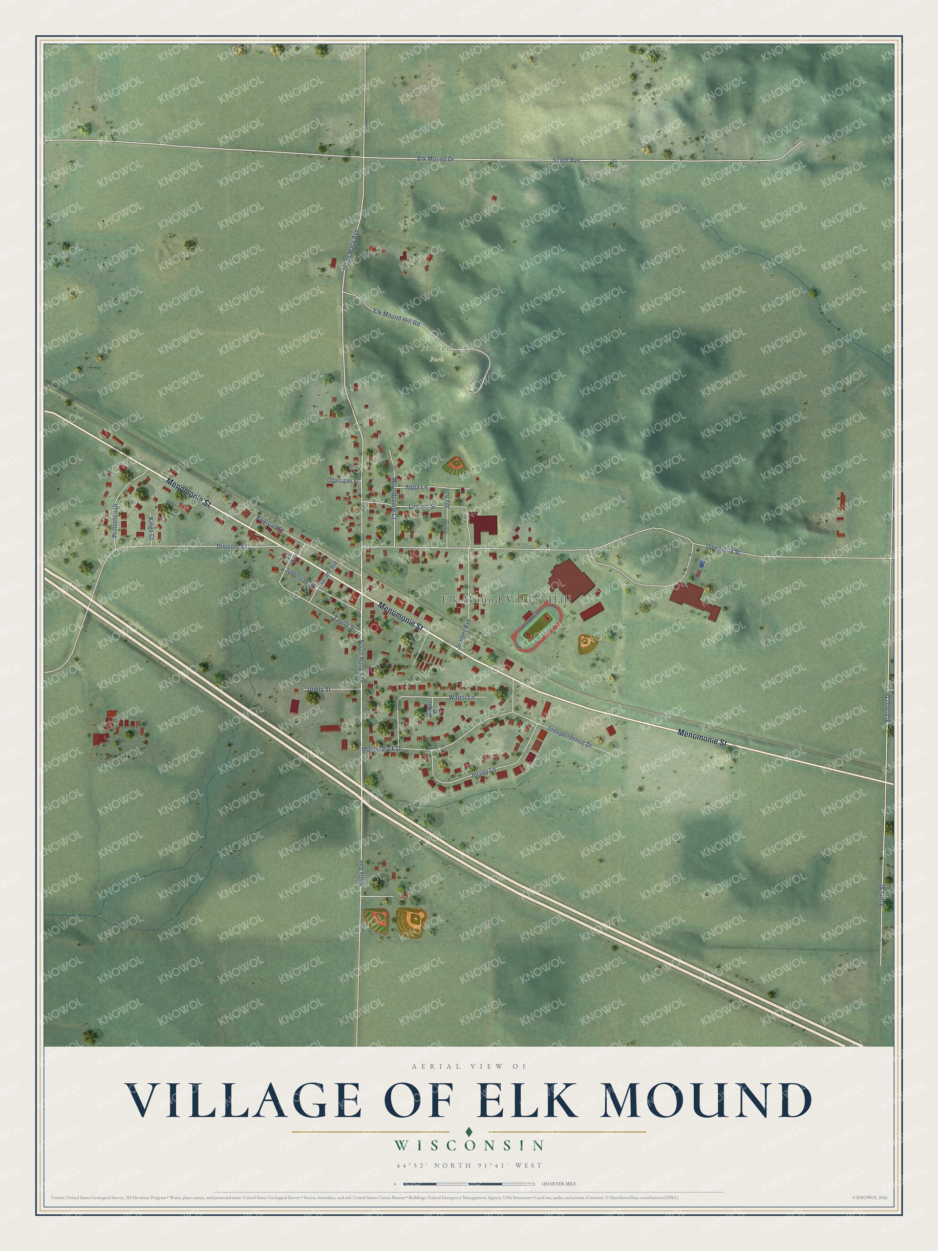 Full map of Elk Mound, Wisconsin, with red buildings, printed street names and the land around them
