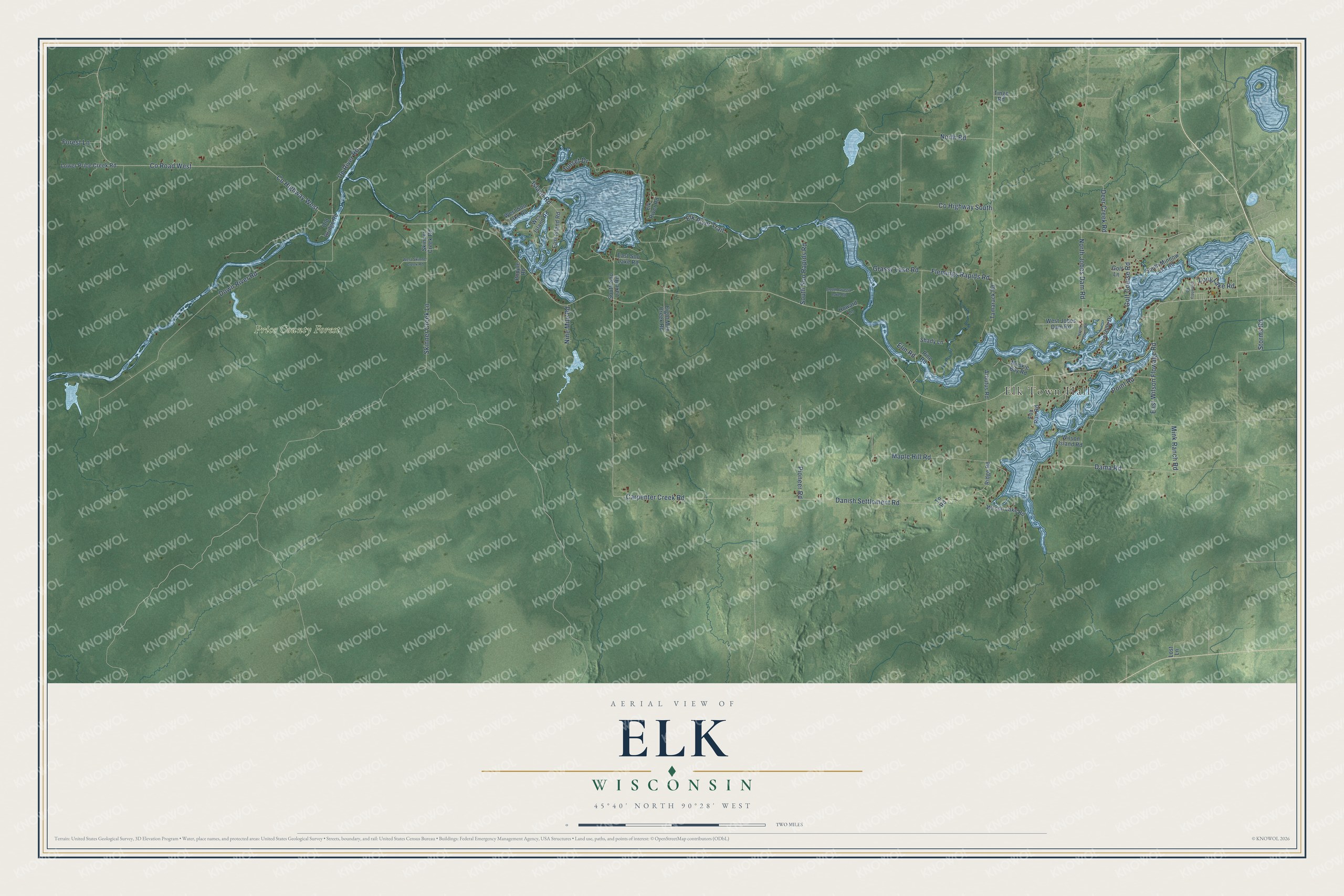 Full map of Elk, Wisconsin, with red buildings, printed street names and the land around them
