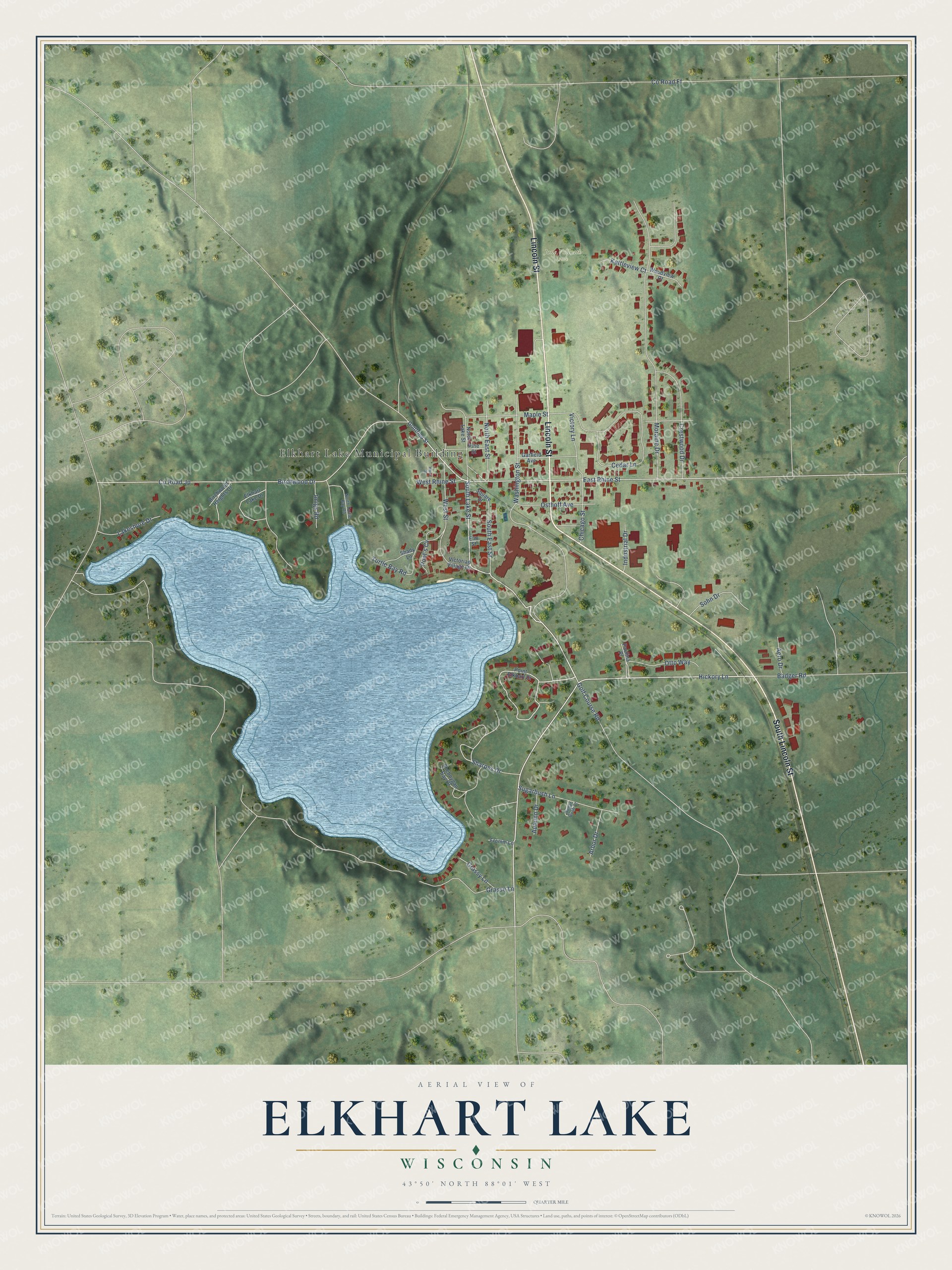 Full map of Elkhart Lake, Wisconsin, with red buildings, printed street names and the land around them