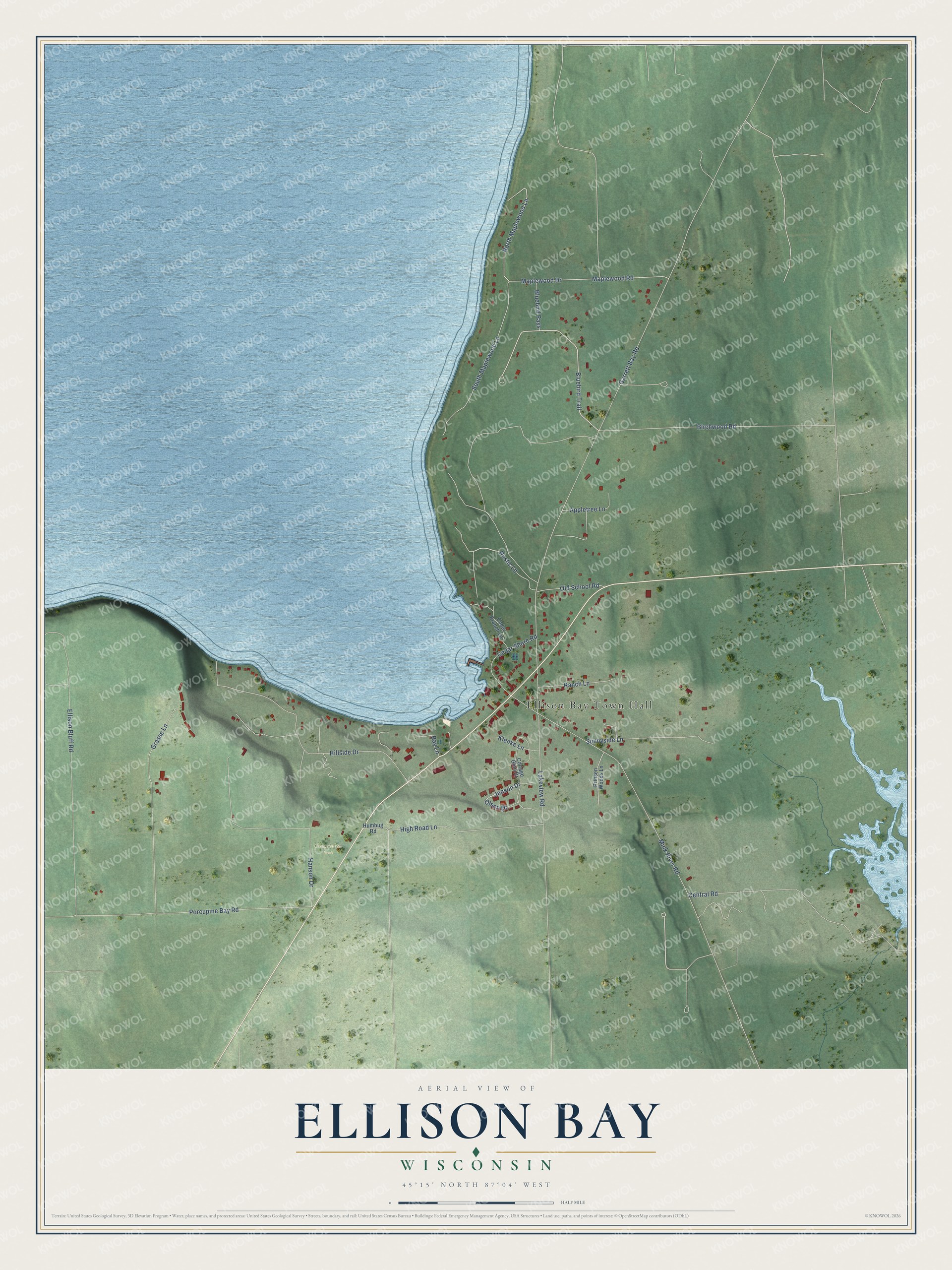 Full map of Ellison Bay, Wisconsin, with red buildings, printed street names and the land around them