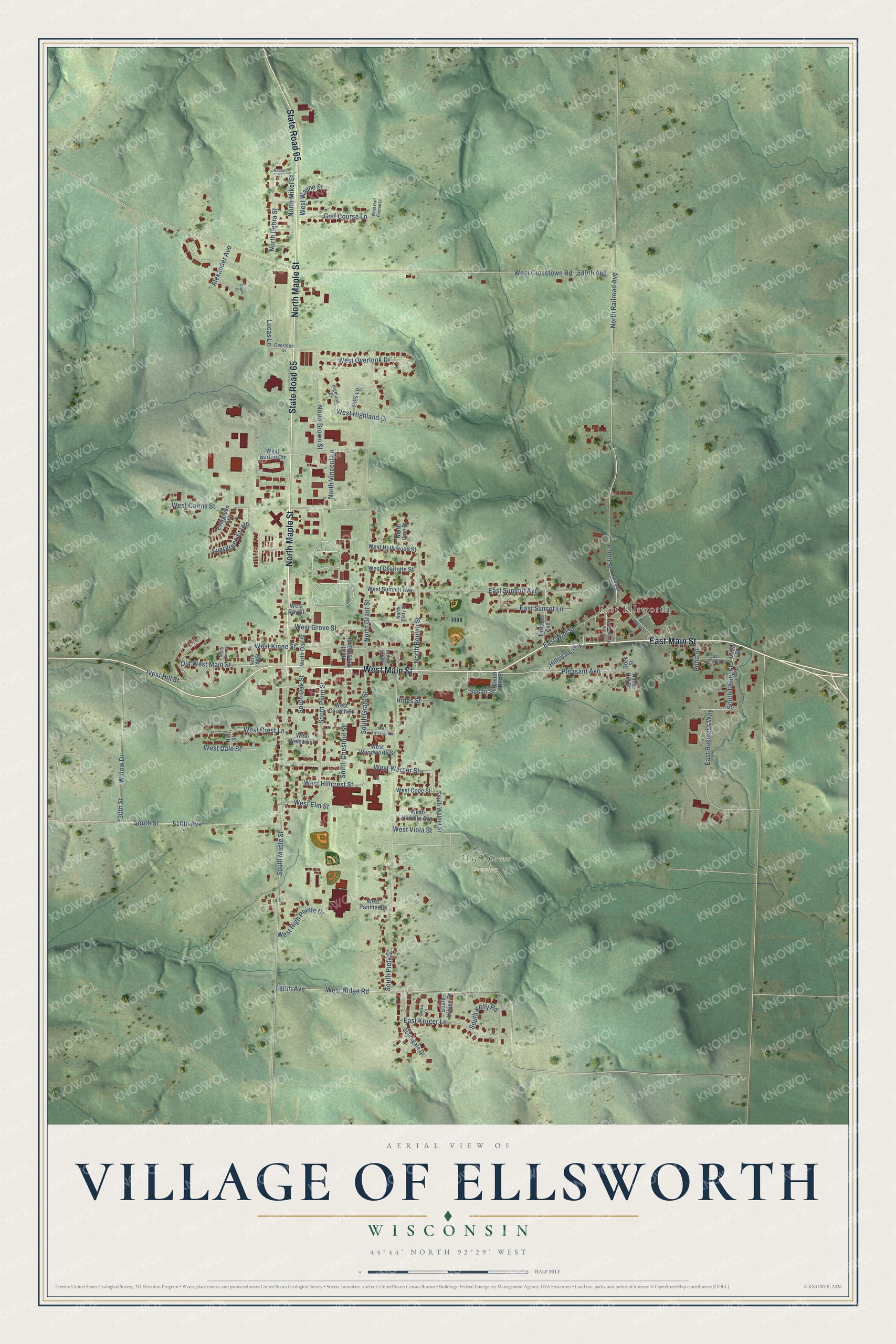 Full map of Ellsworth, Wisconsin, with red buildings, printed street names and the land around them
