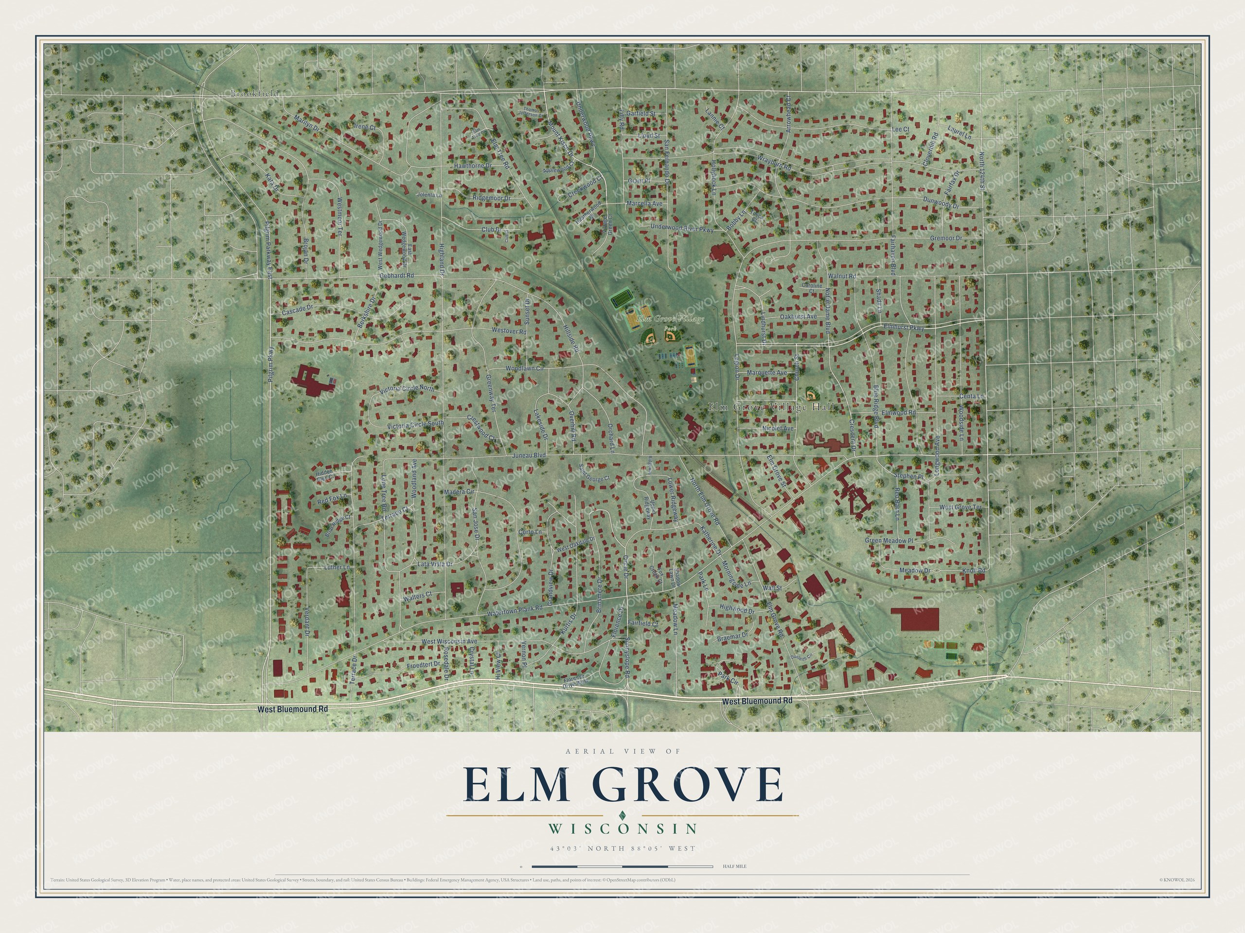 Full map of Elm Grove, Wisconsin, with red buildings, printed street names and the land around them