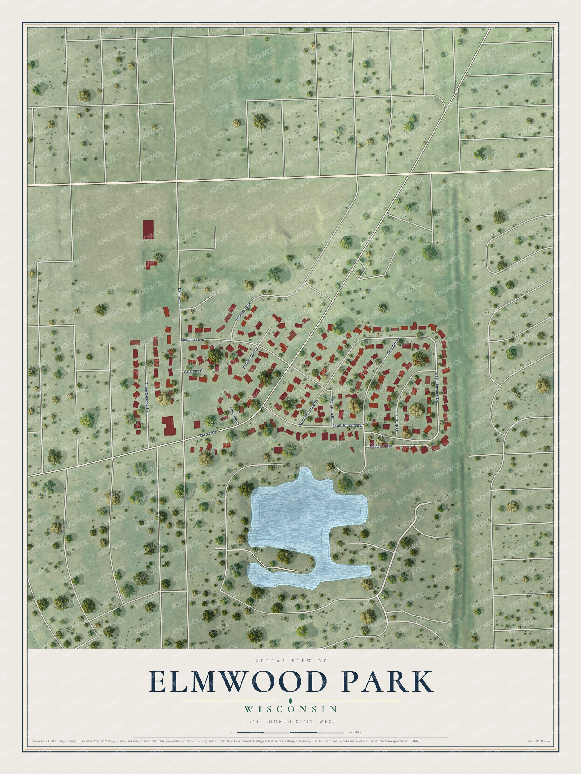 Full map of Elmwood Park, Wisconsin, with red buildings, printed street names and the land around them