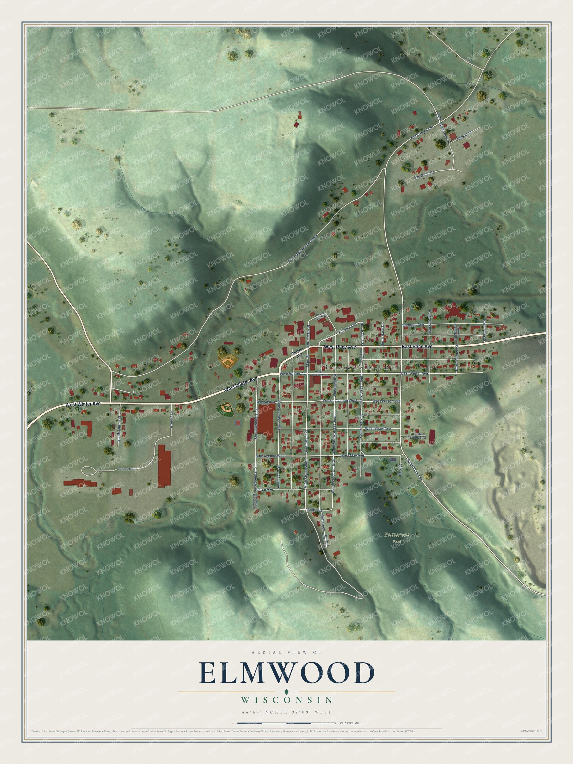 Full map of Elmwood, Wisconsin, with red buildings, printed street names and the land around them
