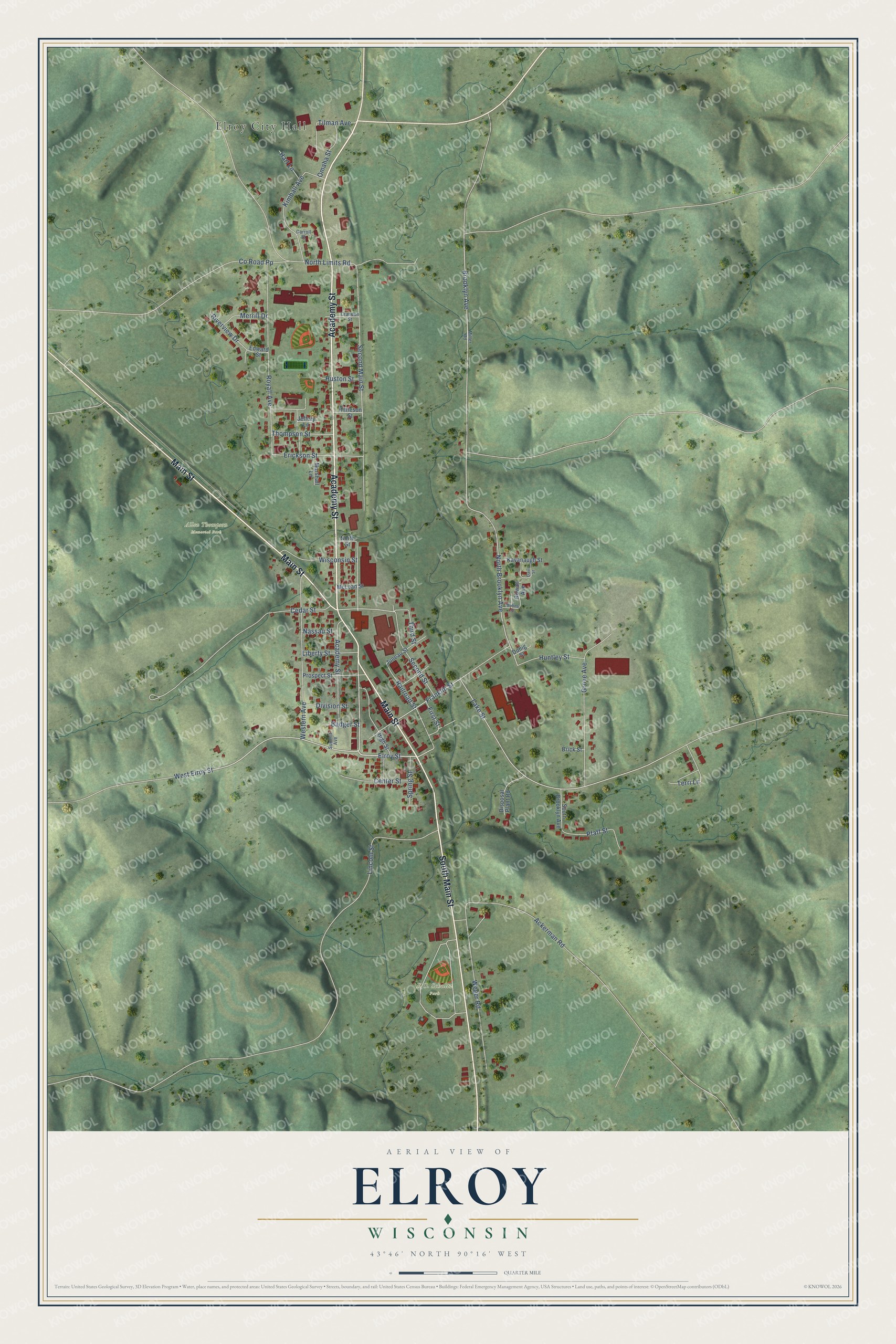 Full map of Elroy, Wisconsin, with red buildings, printed street names and the land around them