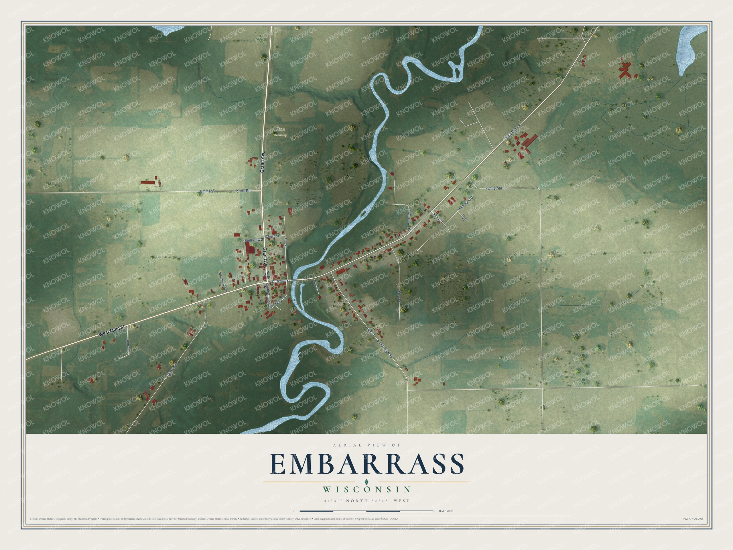 Full map of Embarrass, Wisconsin, with red buildings, printed street names and the land around them